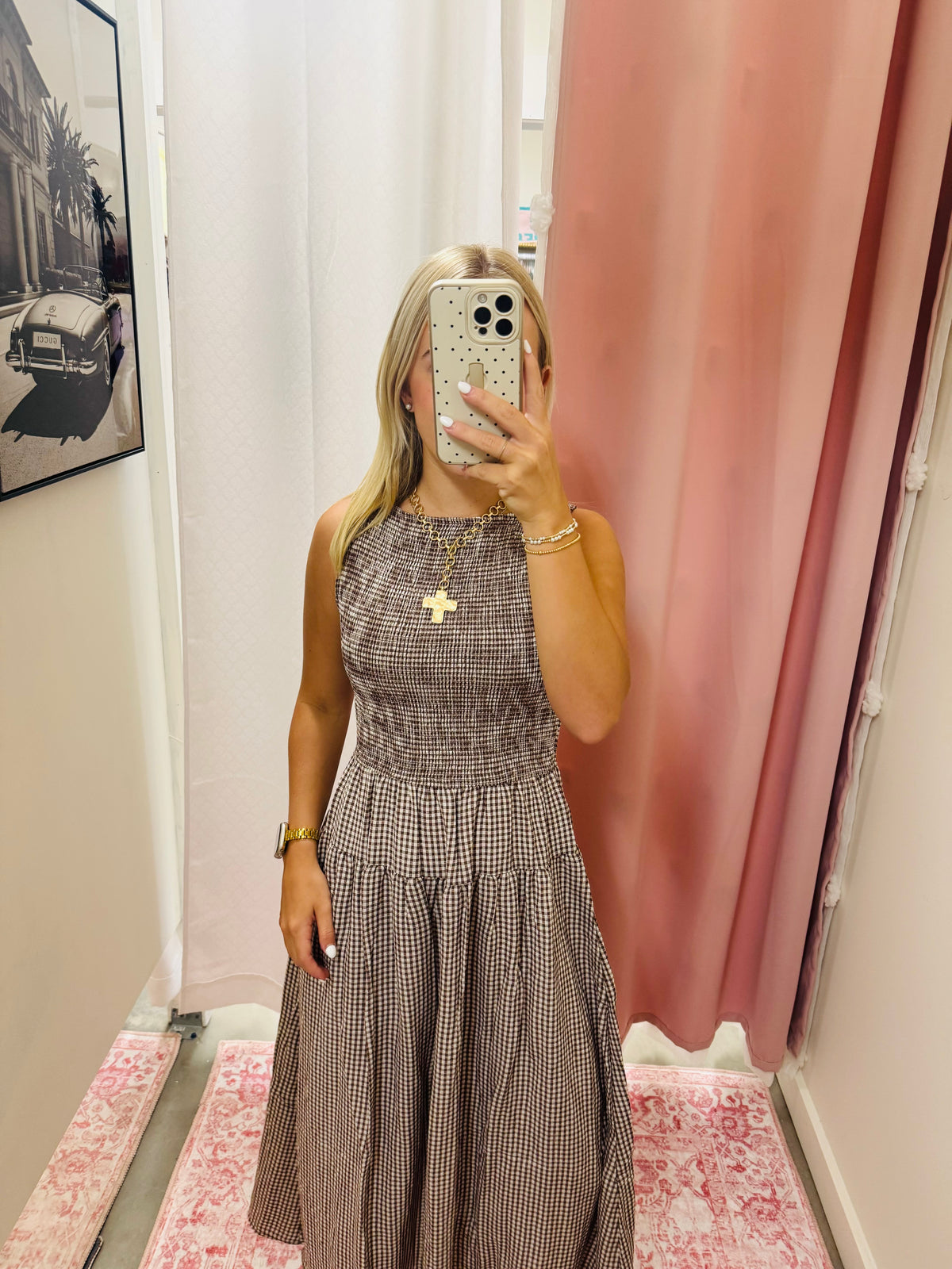 Brown Gingham Midi Dress