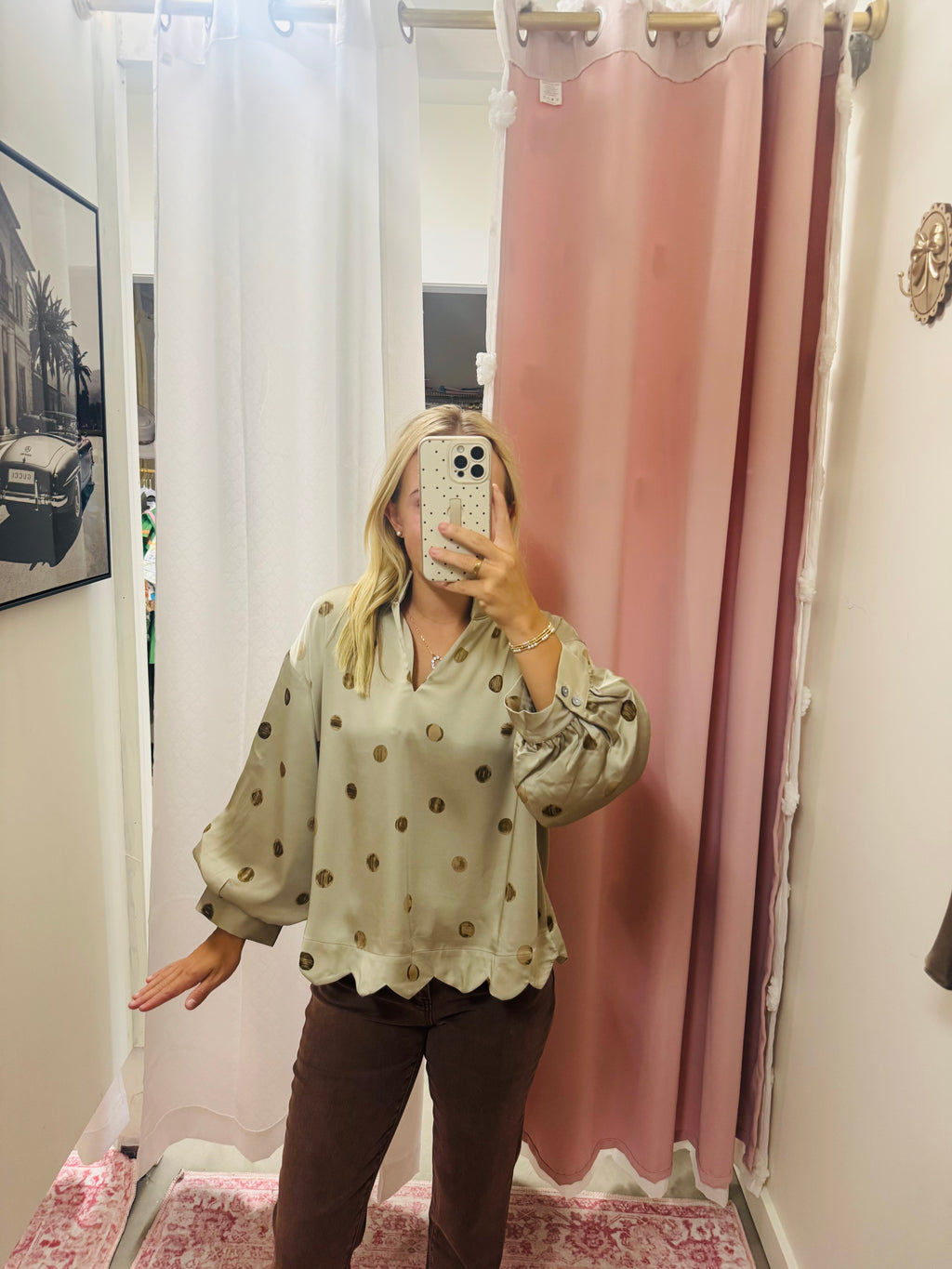 Taupe Silk Scalloped Blouse