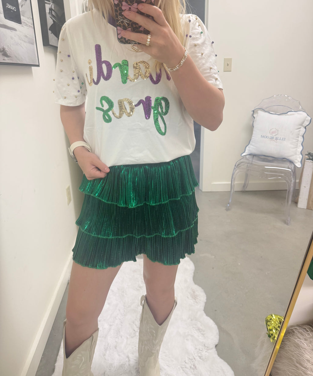 Green Shiny Ruffle Skirt