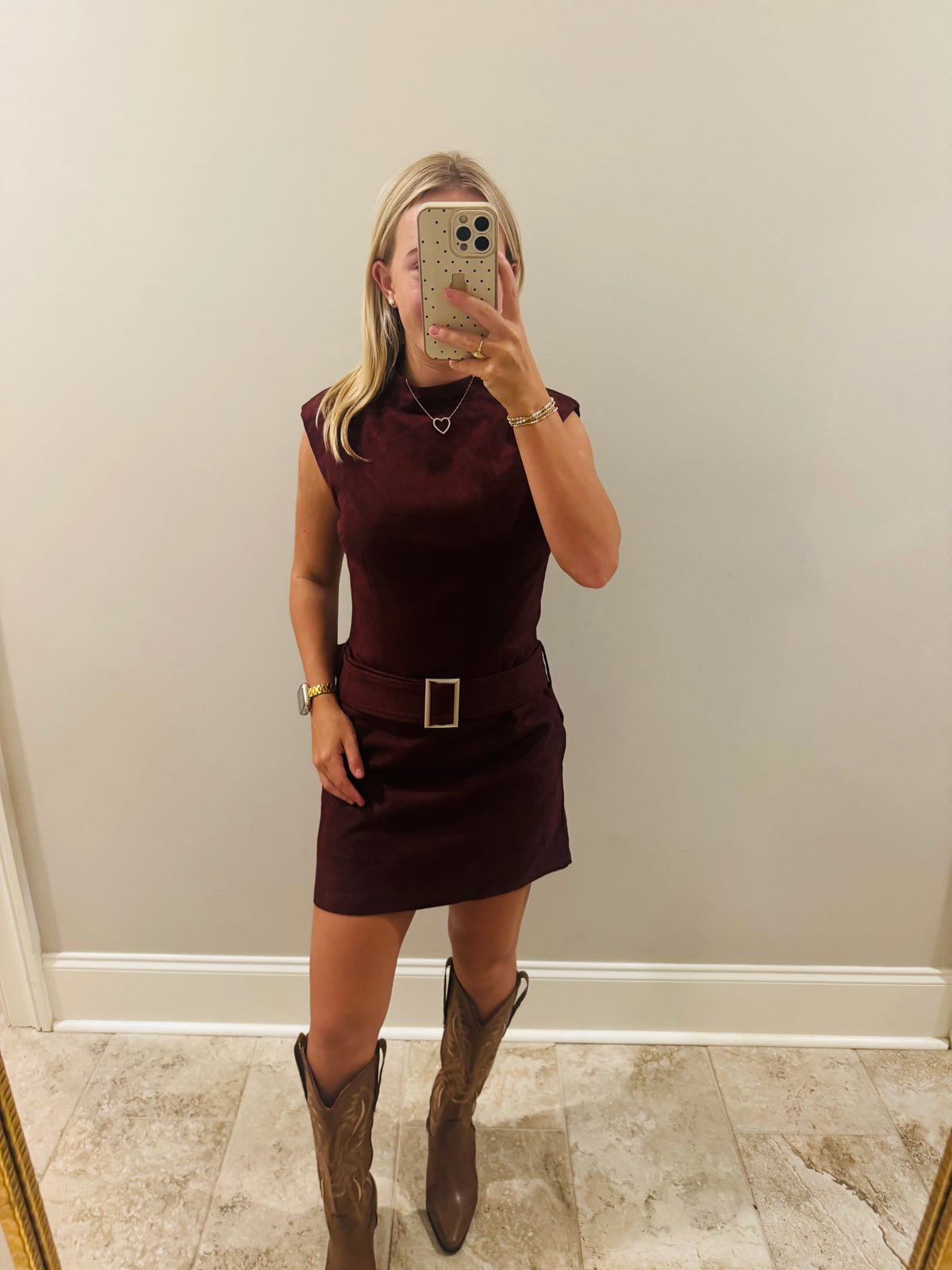 Red Cherry Belted Suede Dress