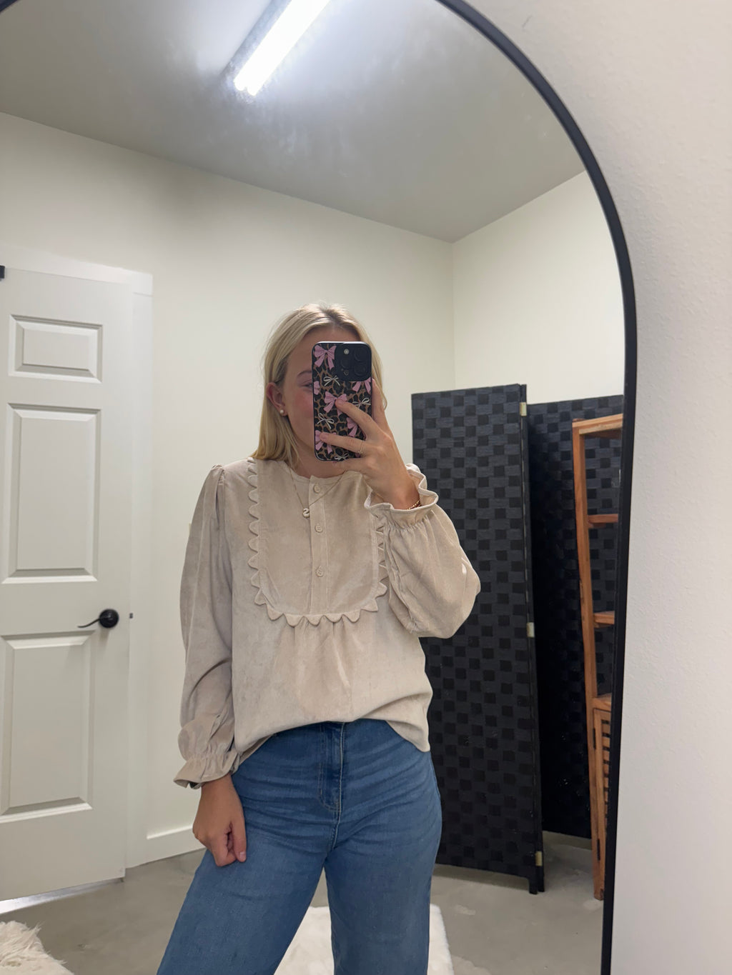 Suede Long Sleeve Cream Top