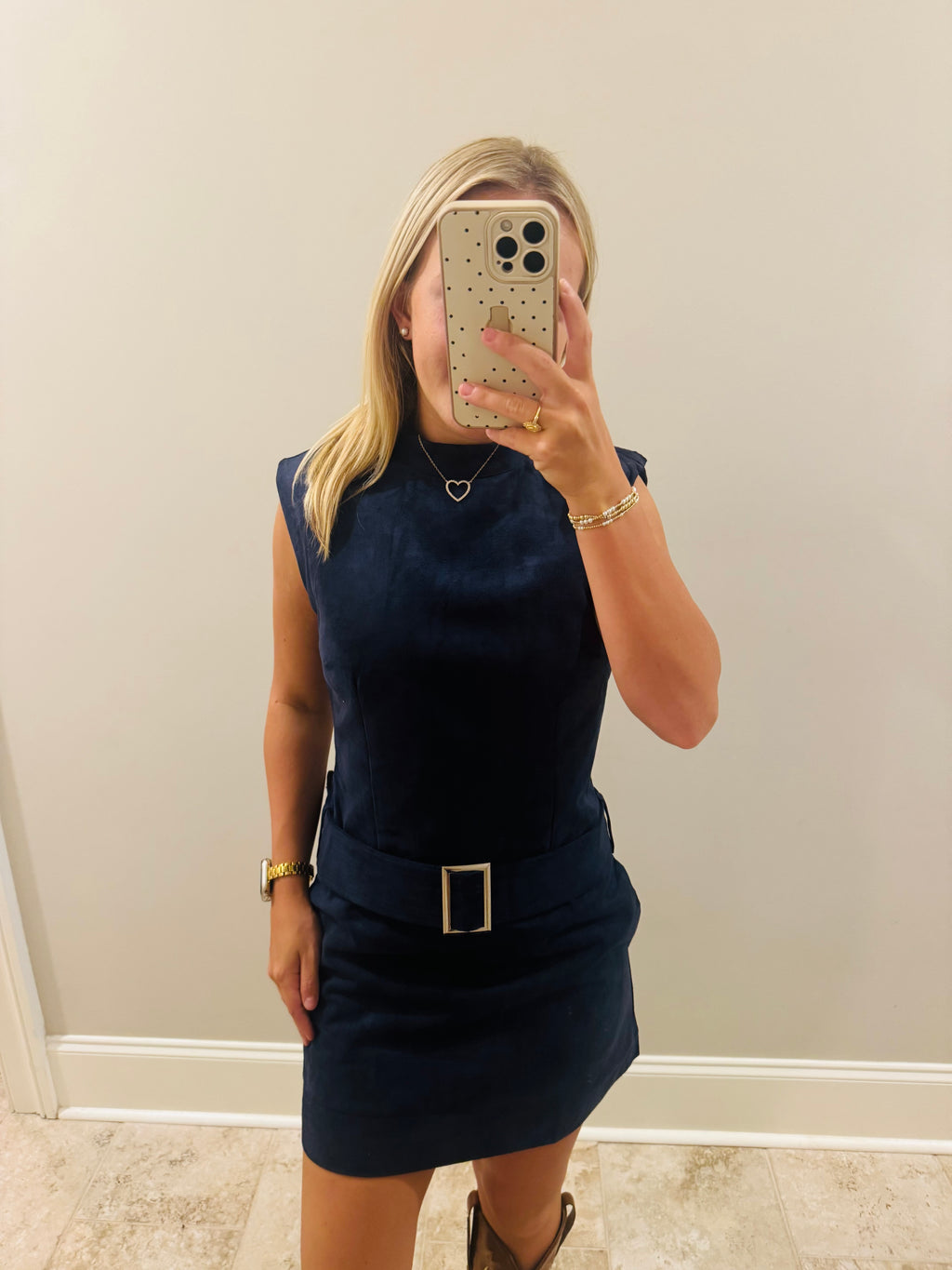 Navy Blue Belted Suede Dress