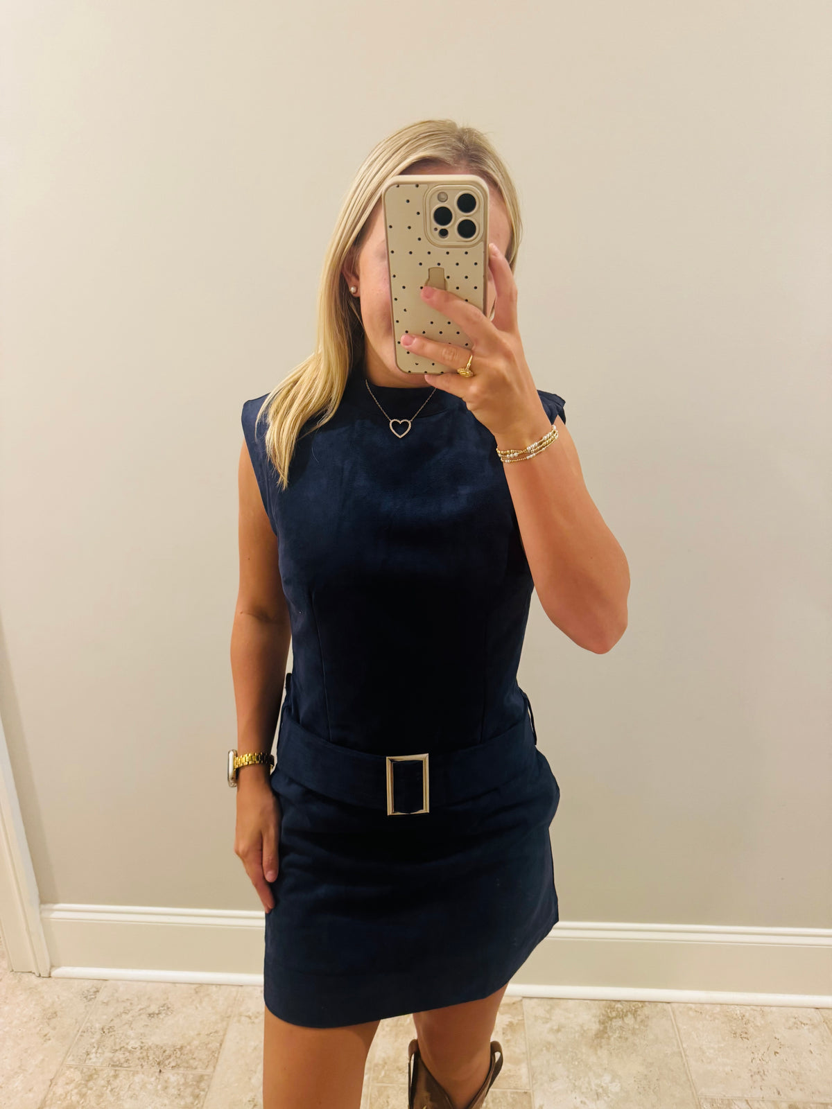 Navy Blue Belted Suede Dress