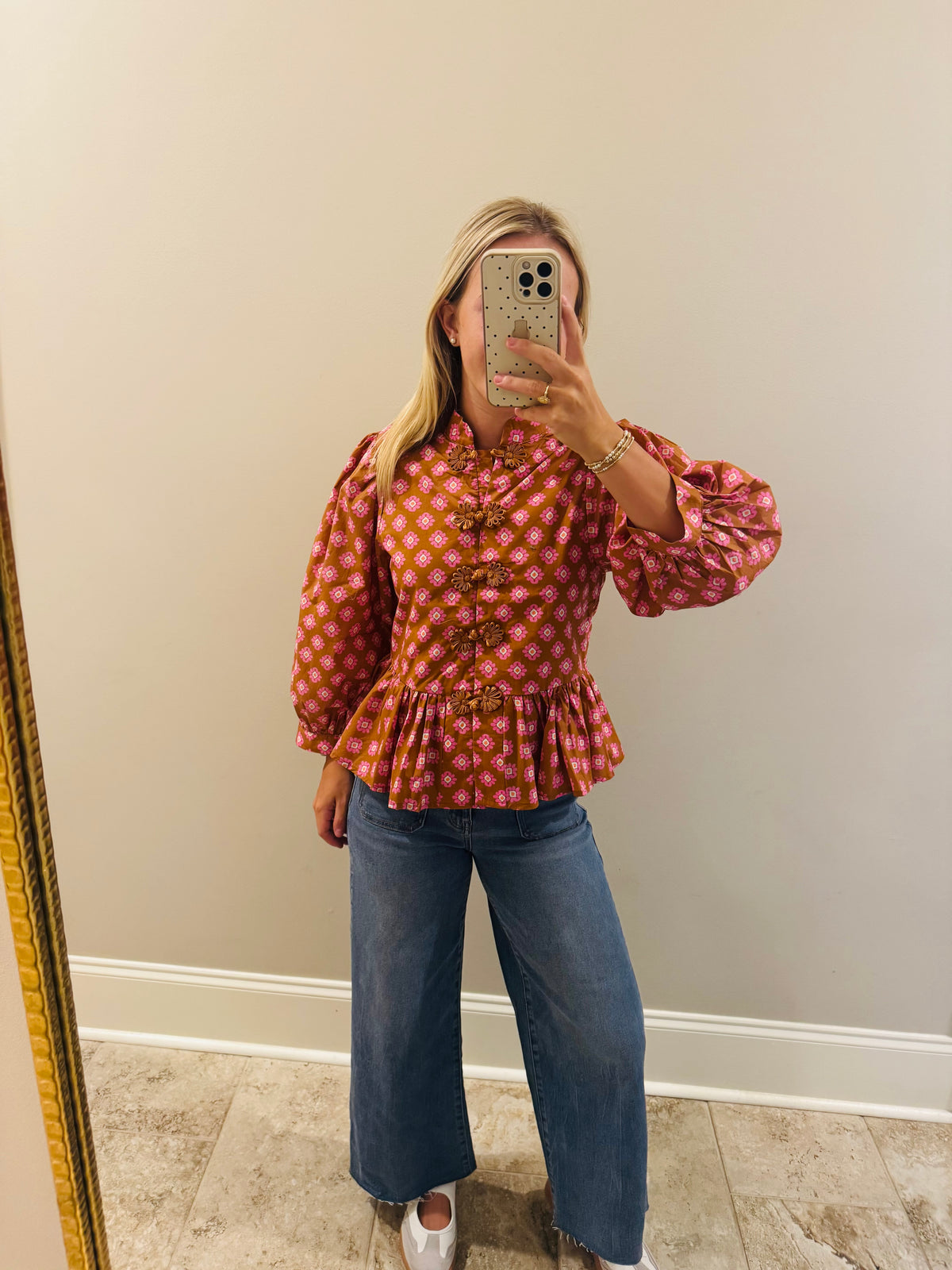 Camel and Pink Long Sleeve Blouse