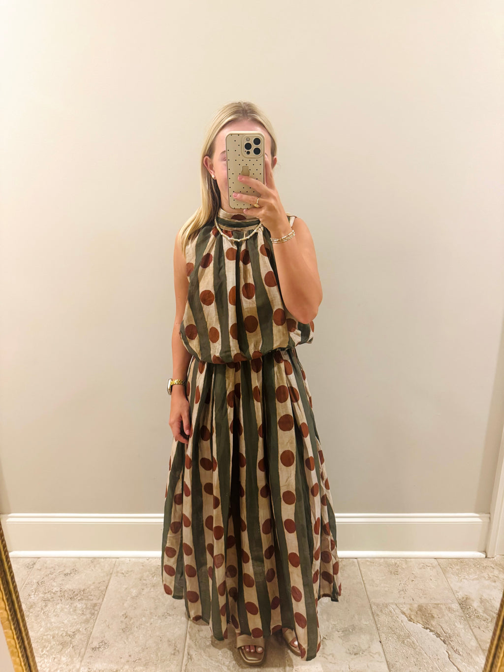 Rust Polka Dot and Green Dress