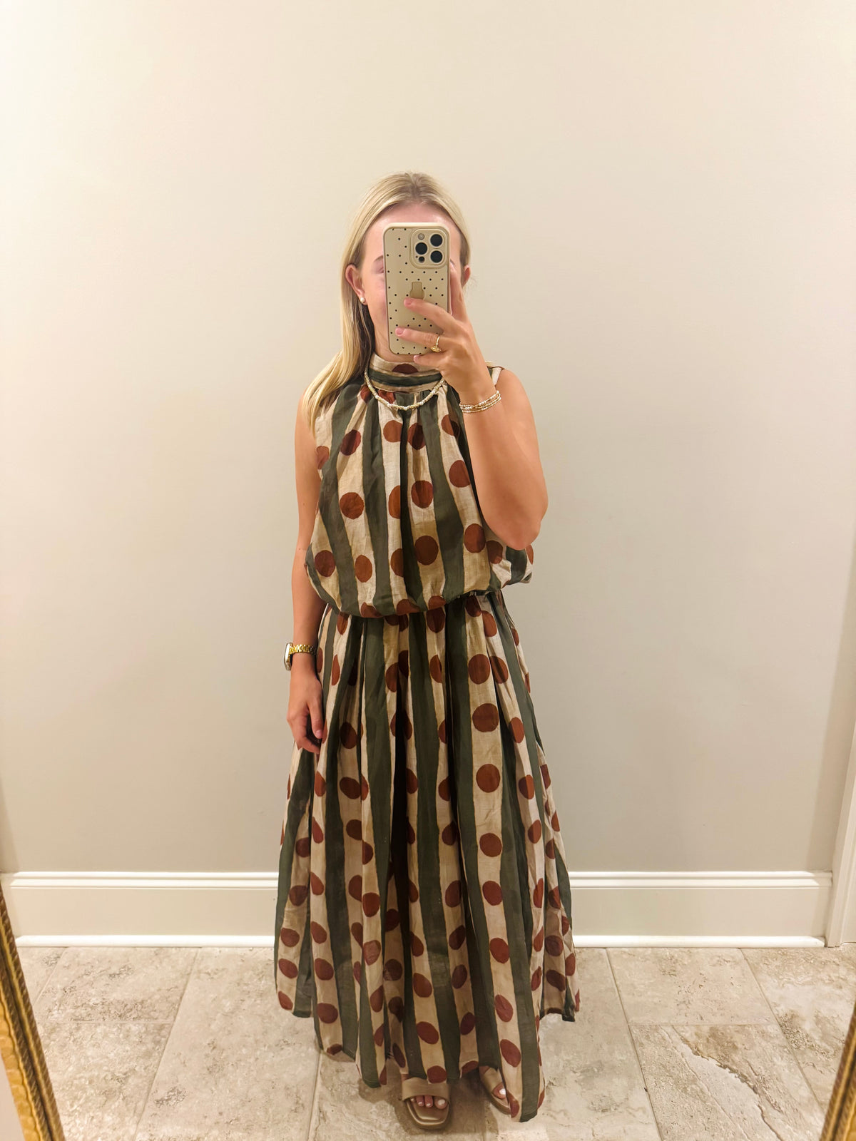 Rust Polka Dot and Green Dress