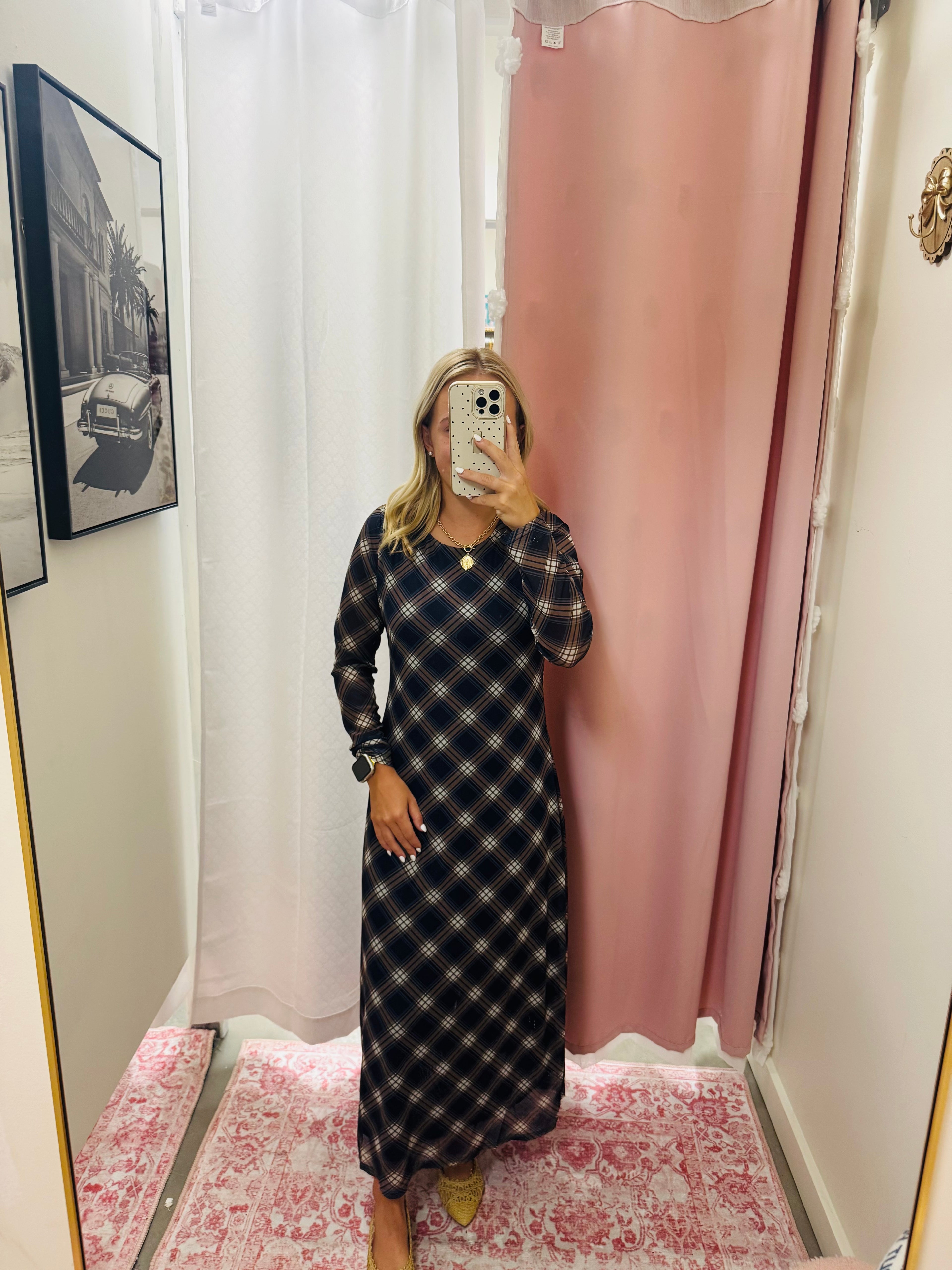 Navy Plaid Long Sleeve Dress