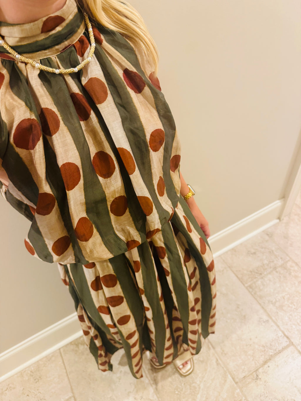 Rust Polka Dot and Green Dress