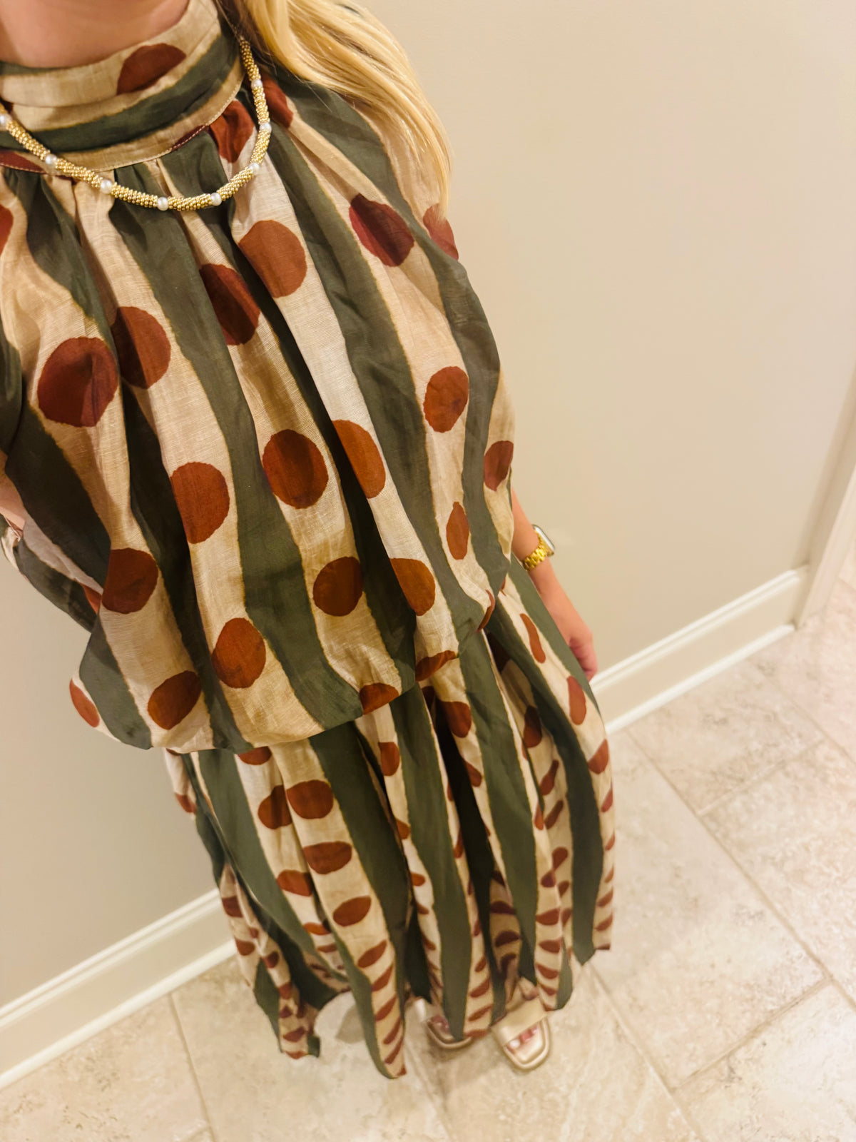 Rust Polka Dot and Green Dress