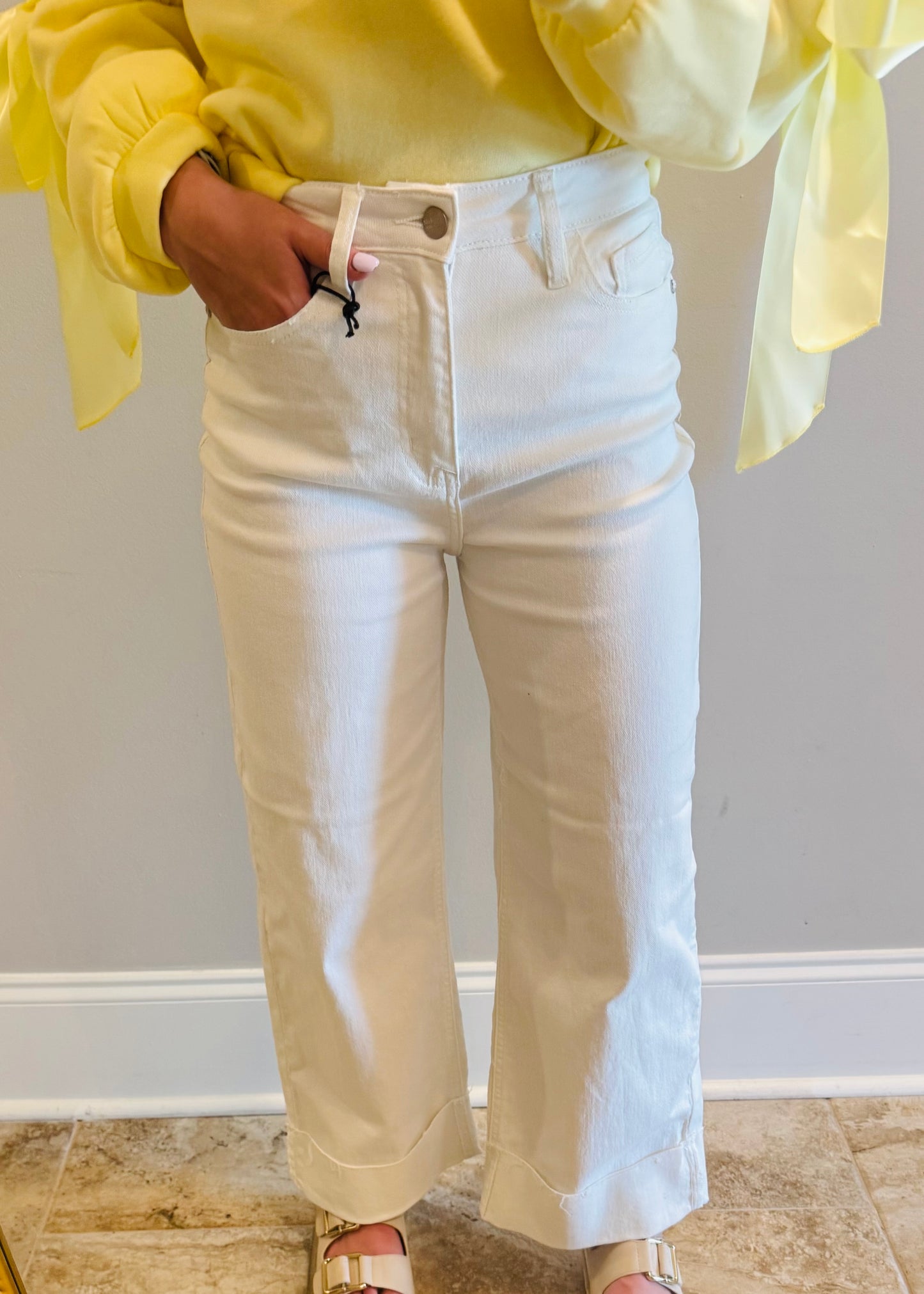 White Cuffed Wide Leg Jeans