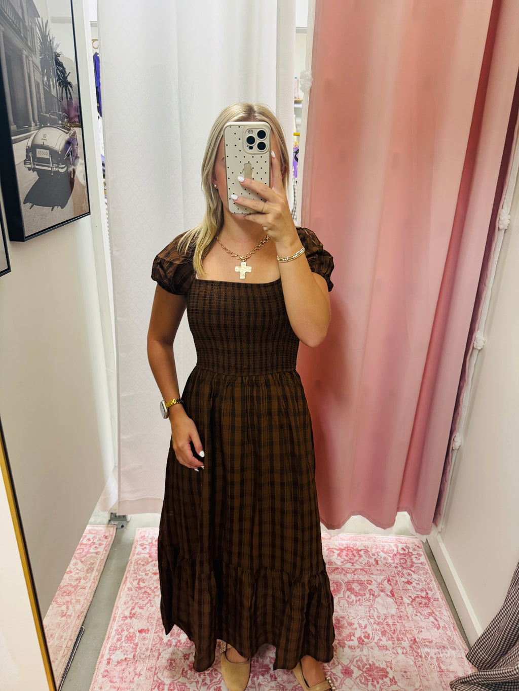 Brown Smocked Puff Sleeve Dress