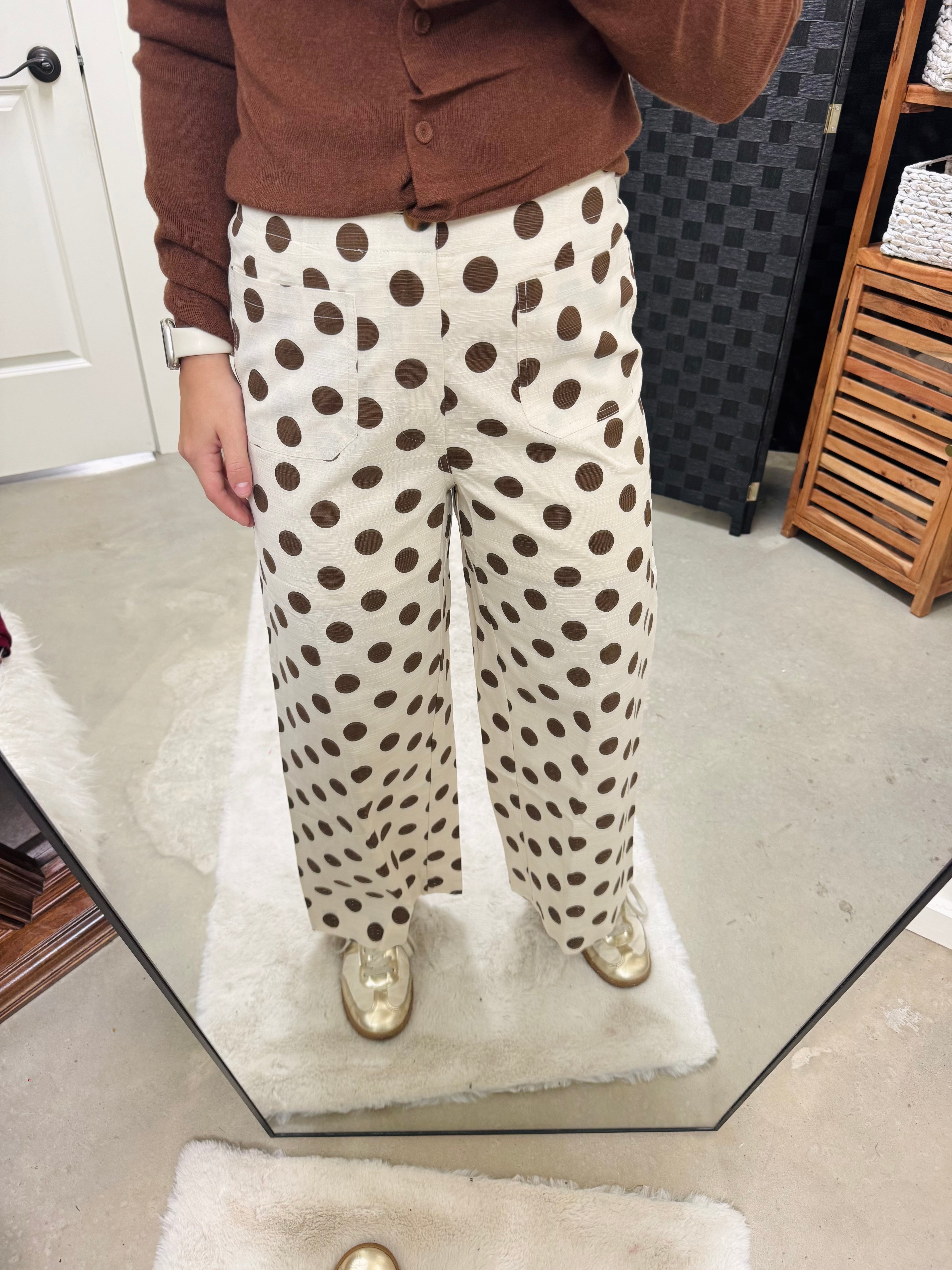 Brown Polka Dot Cream Linen Pants