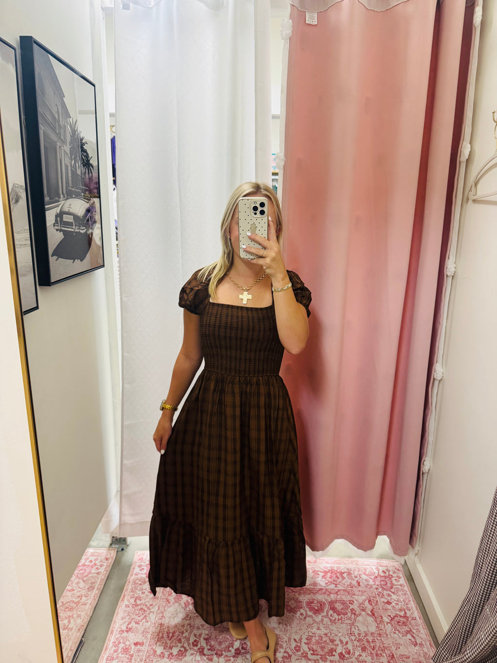 Brown Smocked Puff Sleeve Dress
