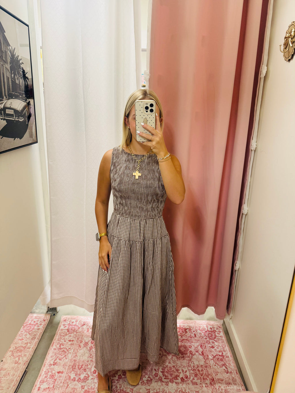 Brown Gingham Midi Dress