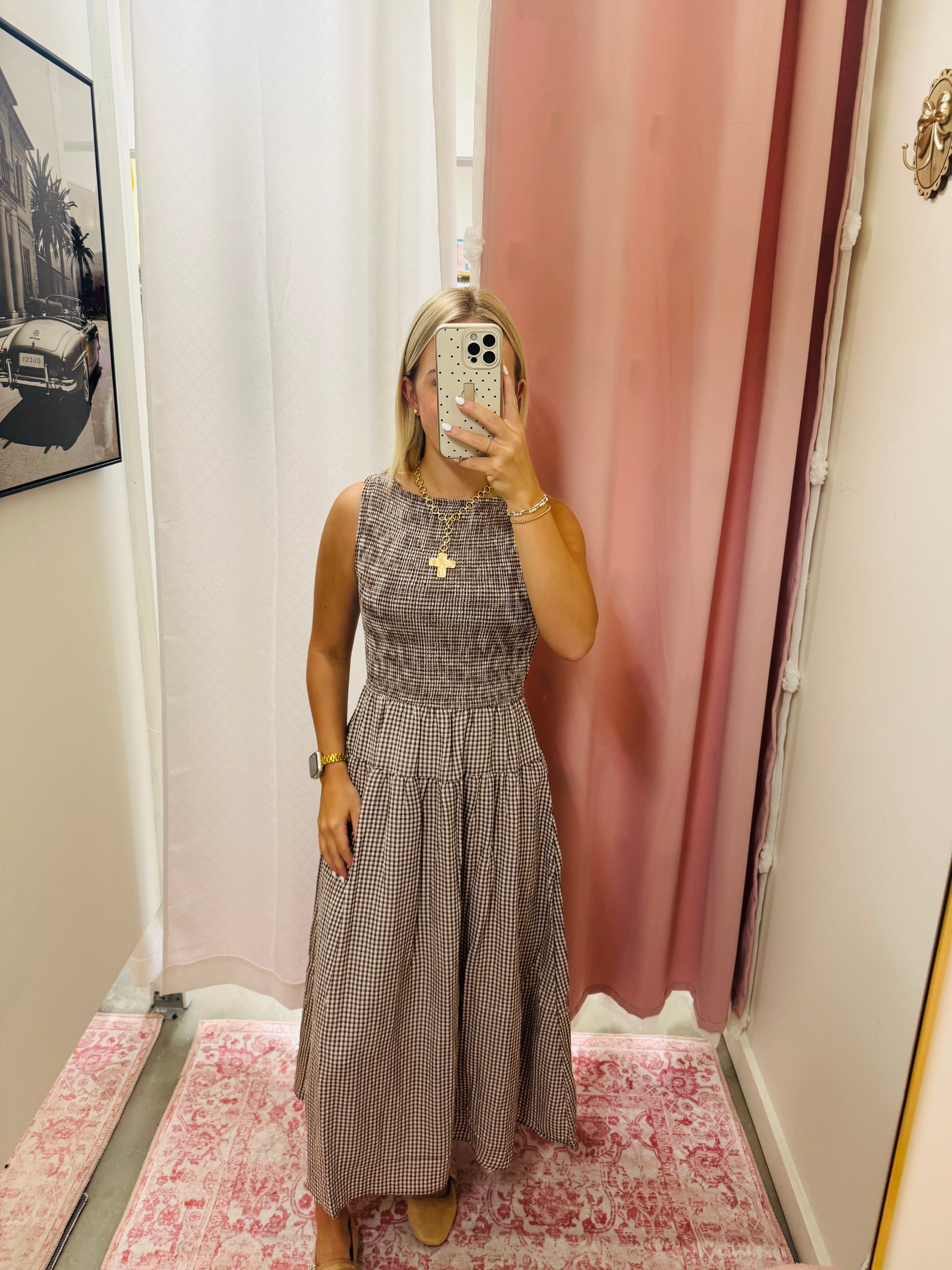 Brown Gingham Midi Dress