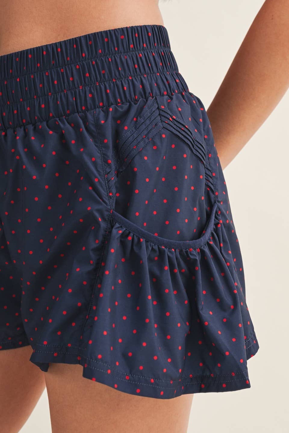 Navy Polka Dot Print Nylon Flare Shorts