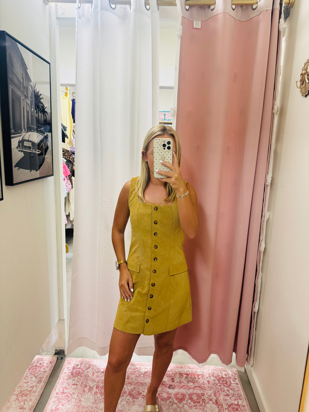 Camel Button Down Suede Dress