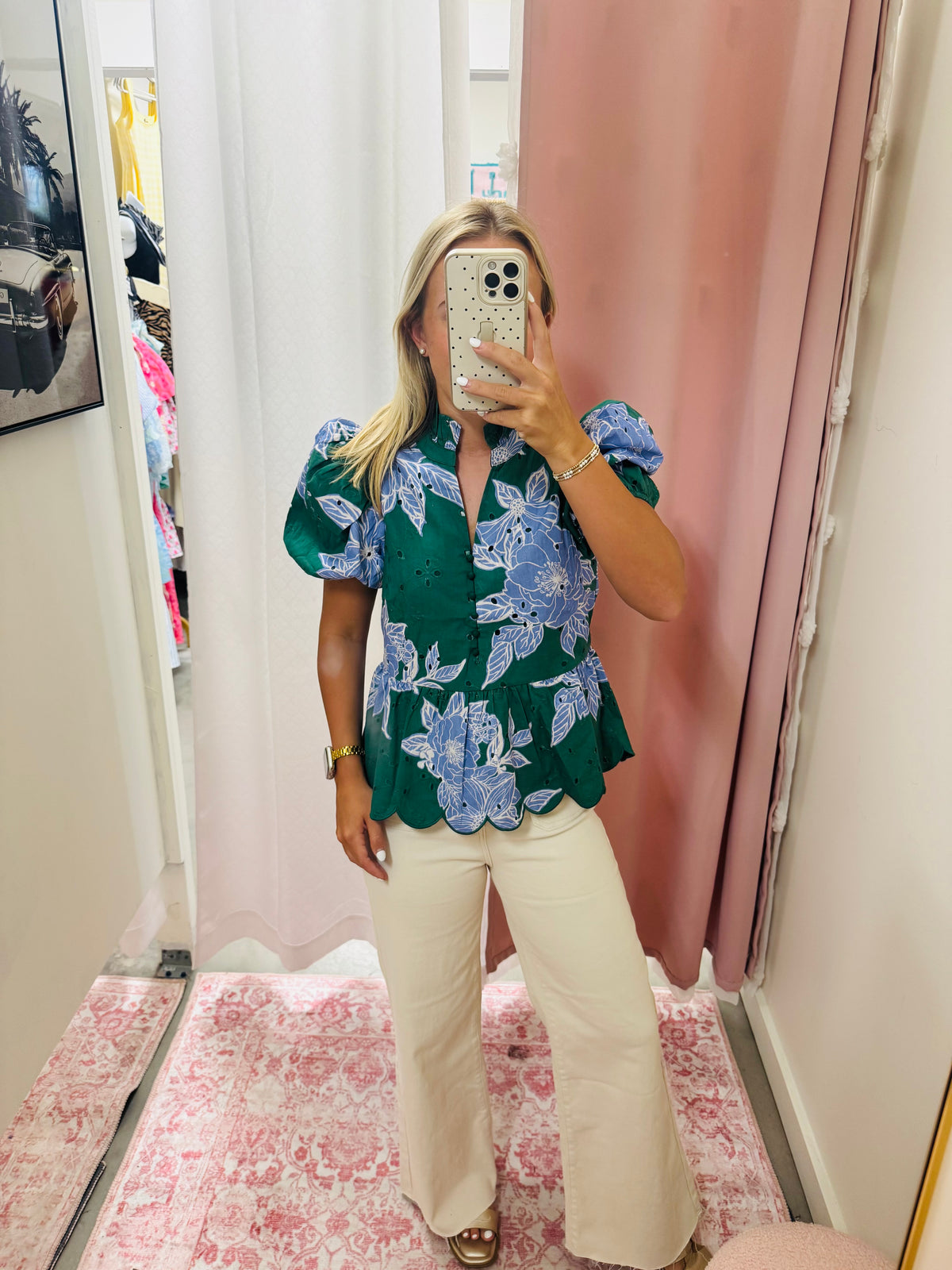 Blue and Green Floral Eyelet Blouse