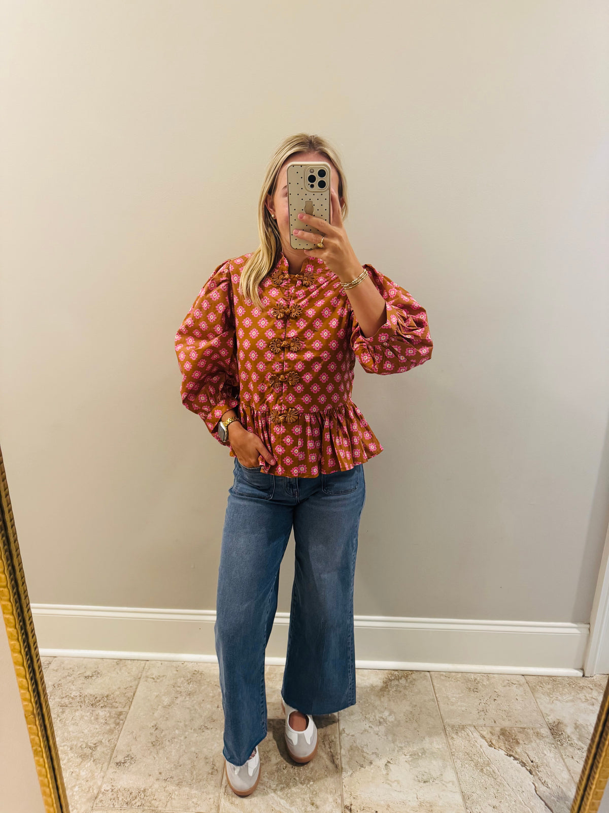 Camel and Pink Long Sleeve Blouse