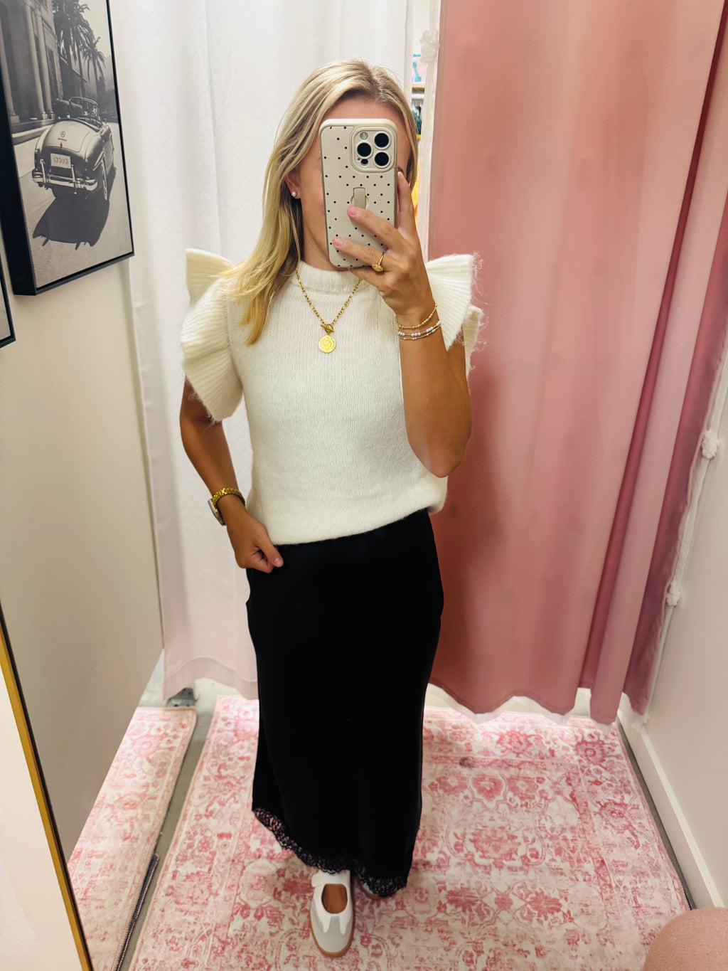 Black Satin Lace Midi Skirt