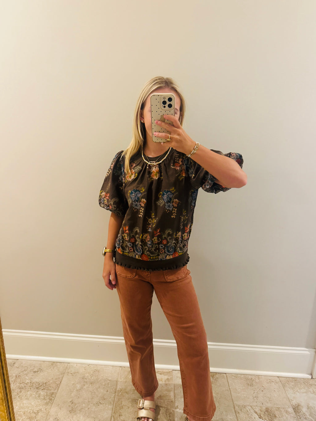 Brown Floral Embroidered Top