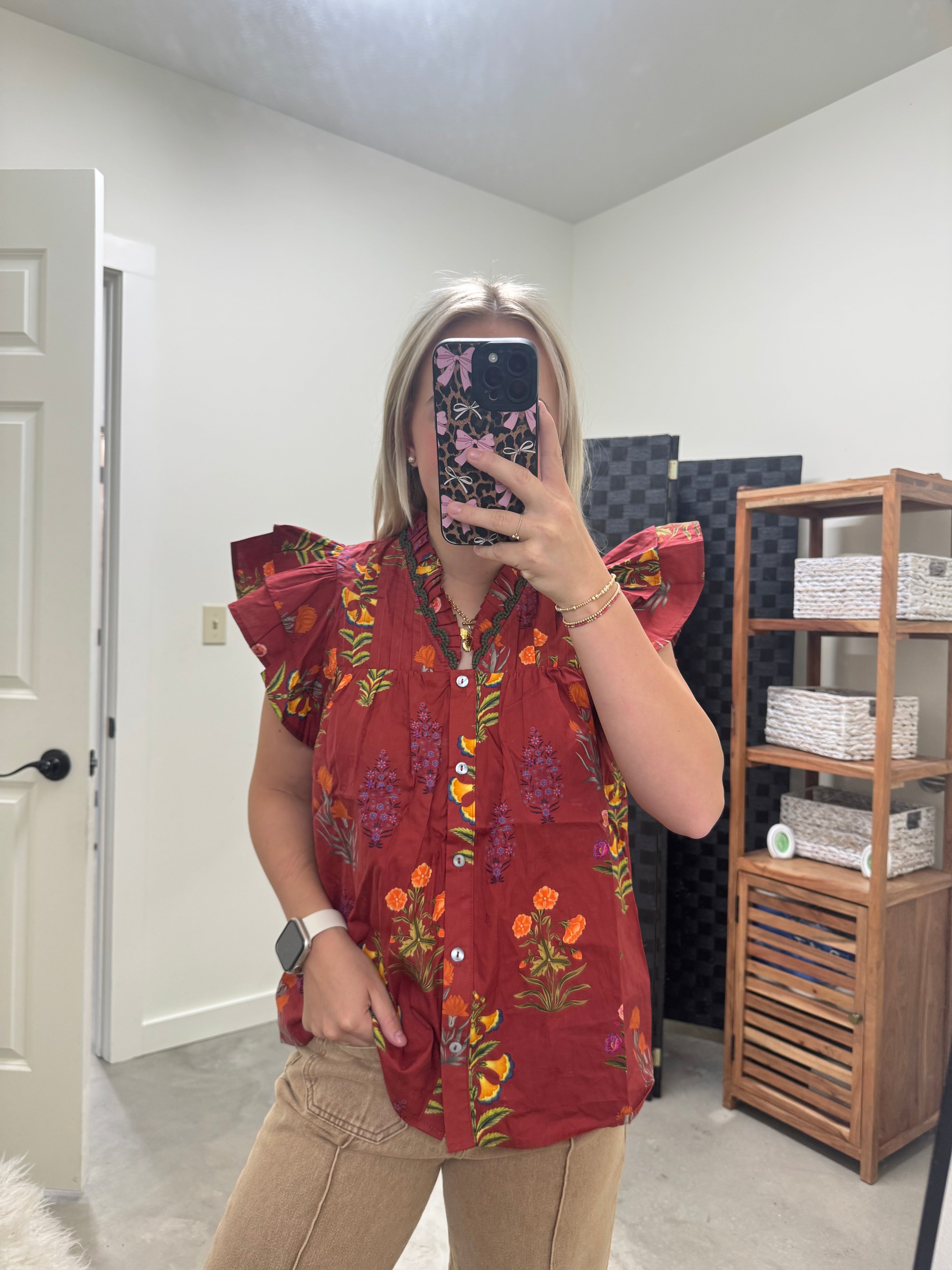 Dark Red Colorful Floral Top