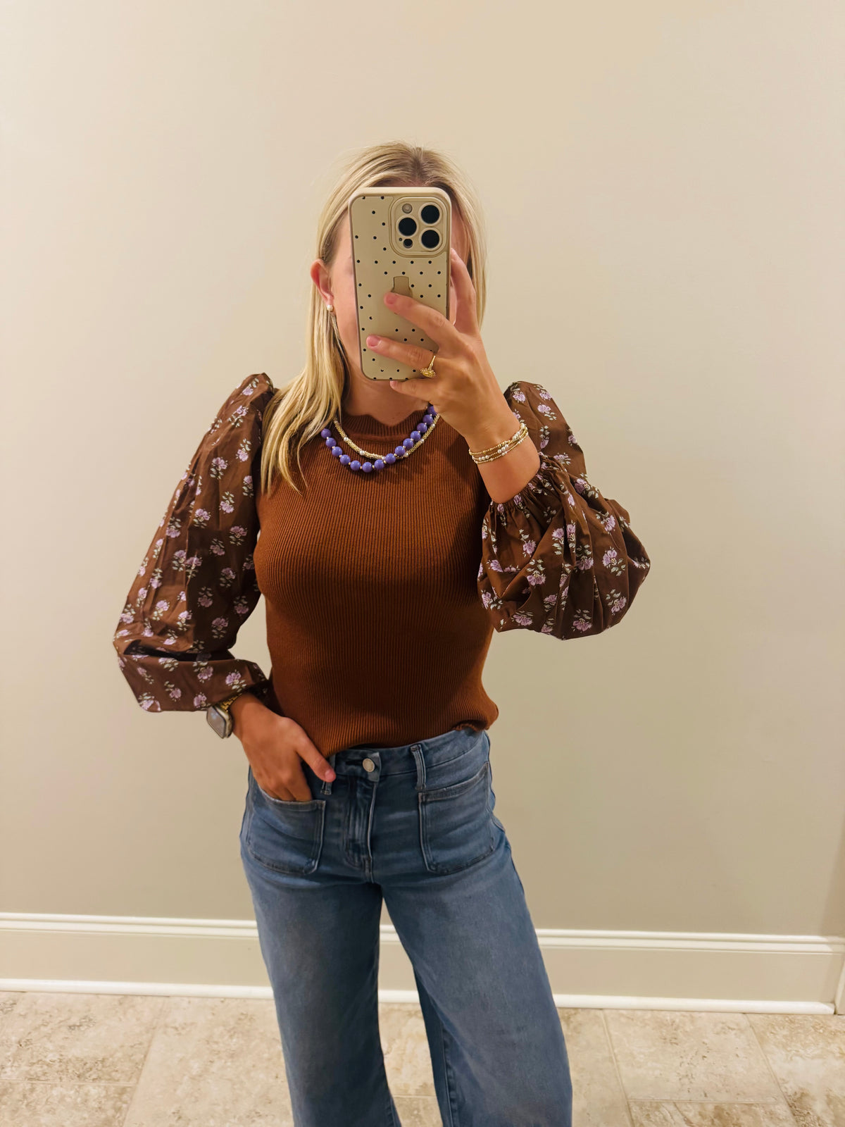 Floral Scalloped Knit Brown Top