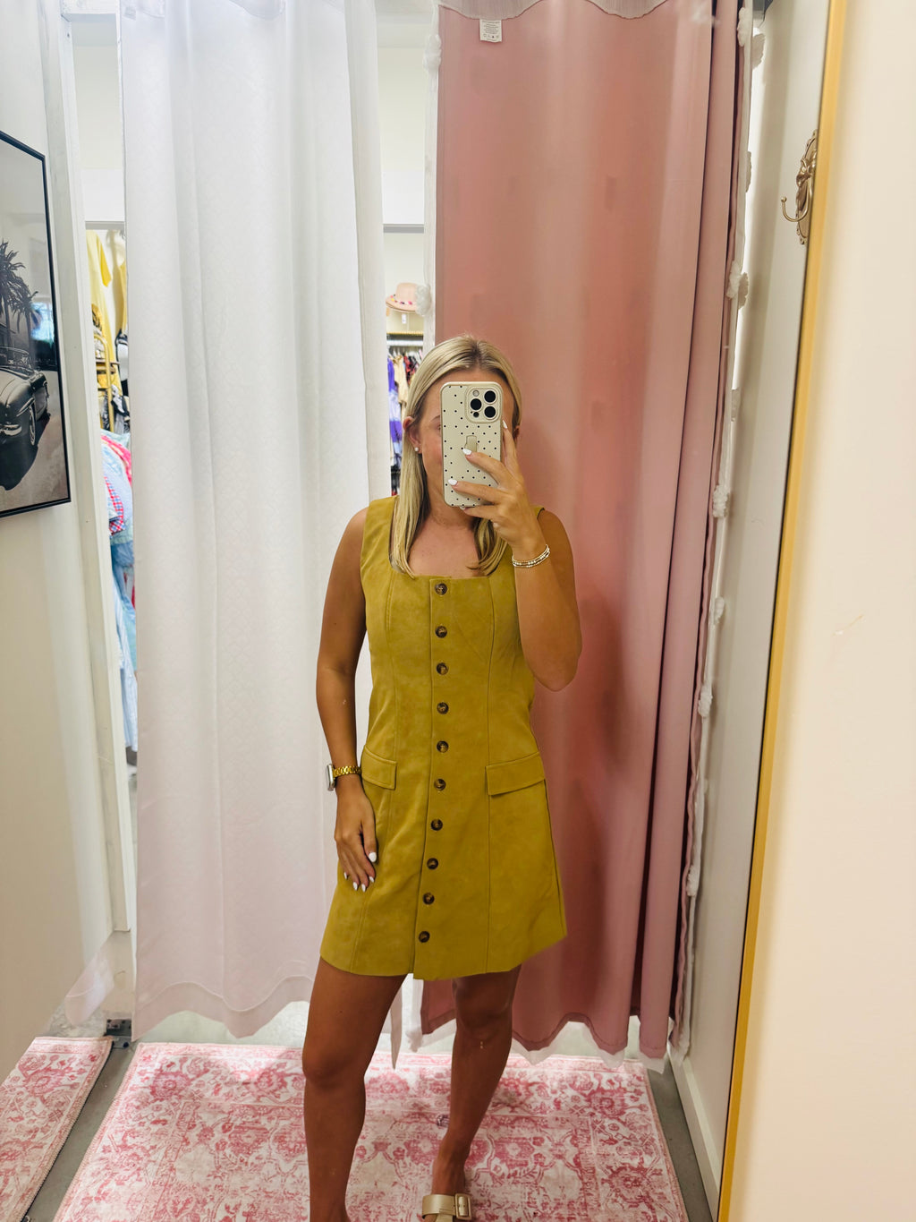 Camel Button Down Suede Dress