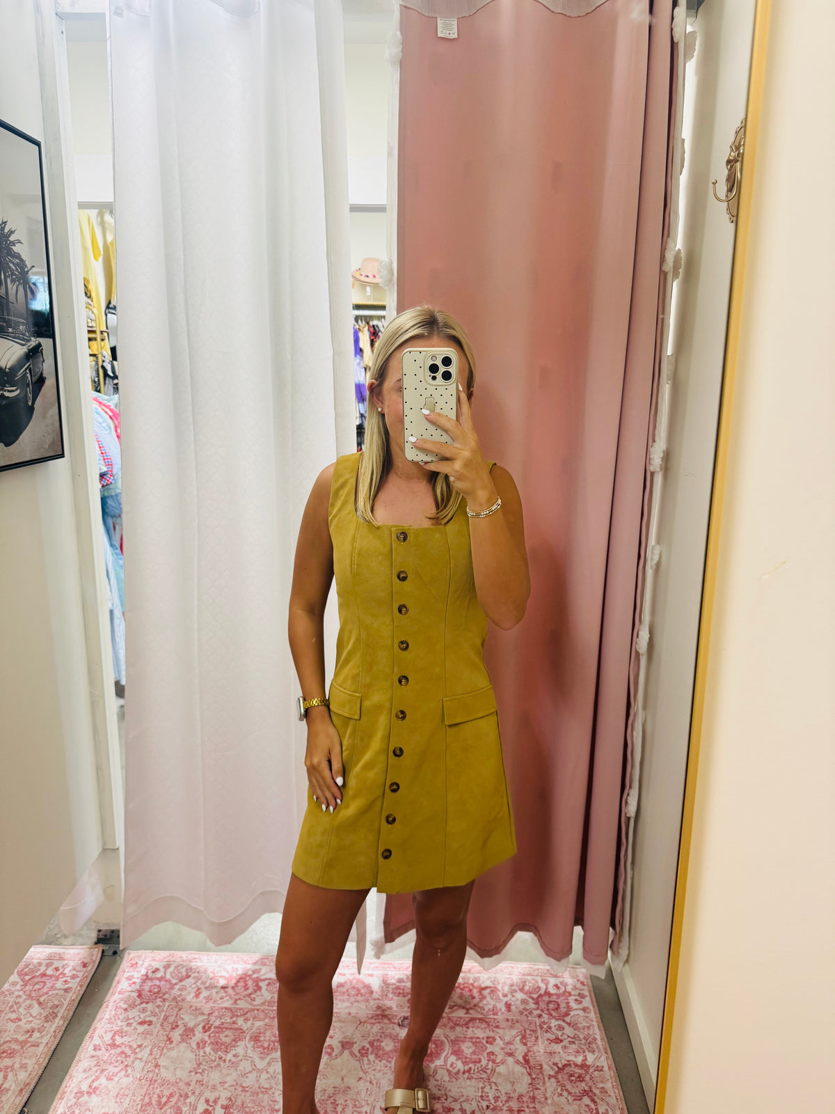 Camel Button Down Suede Dress