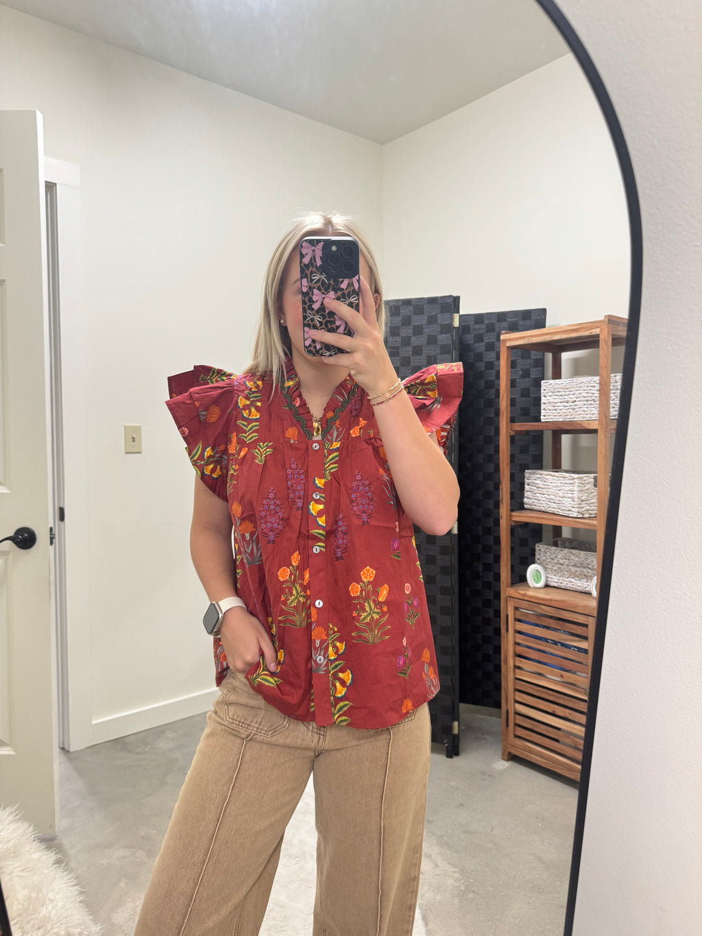 Dark Red Colorful Floral Top