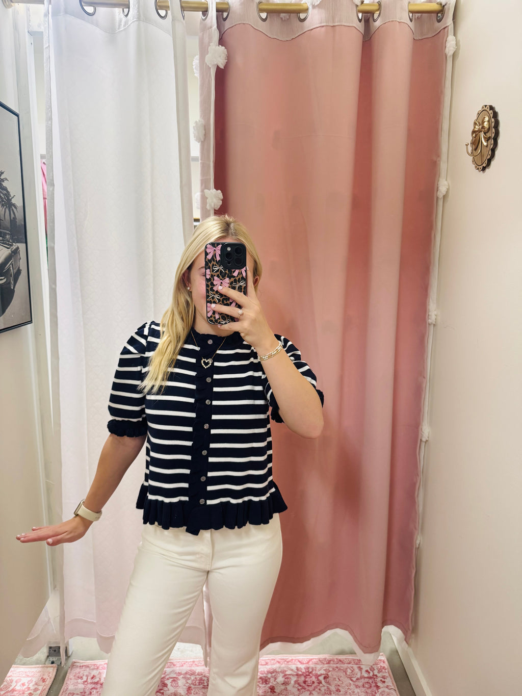 Navy Ruffle Short Sleeve Top