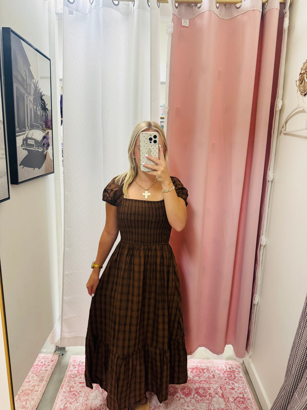 Brown Smocked Puff Sleeve Dress