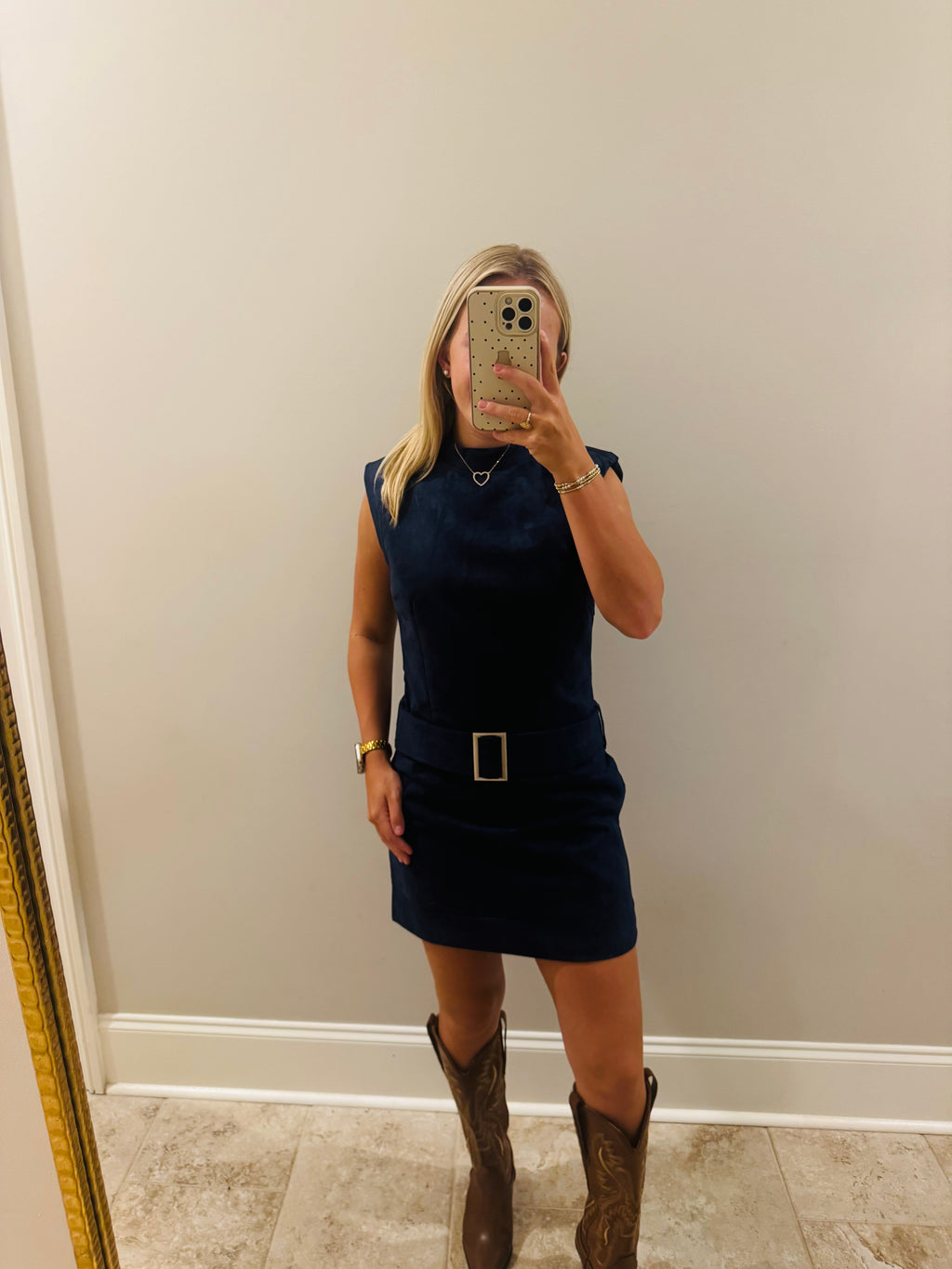 Navy Blue Belted Suede Dress