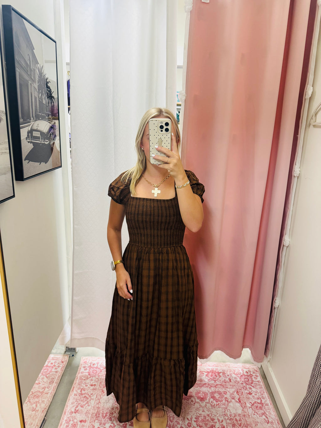 Brown Smocked Puff Sleeve Dress