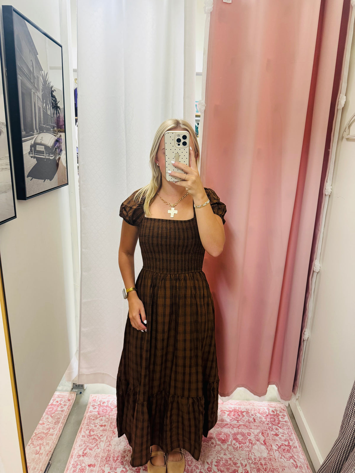 Brown Smocked Puff Sleeve Dress