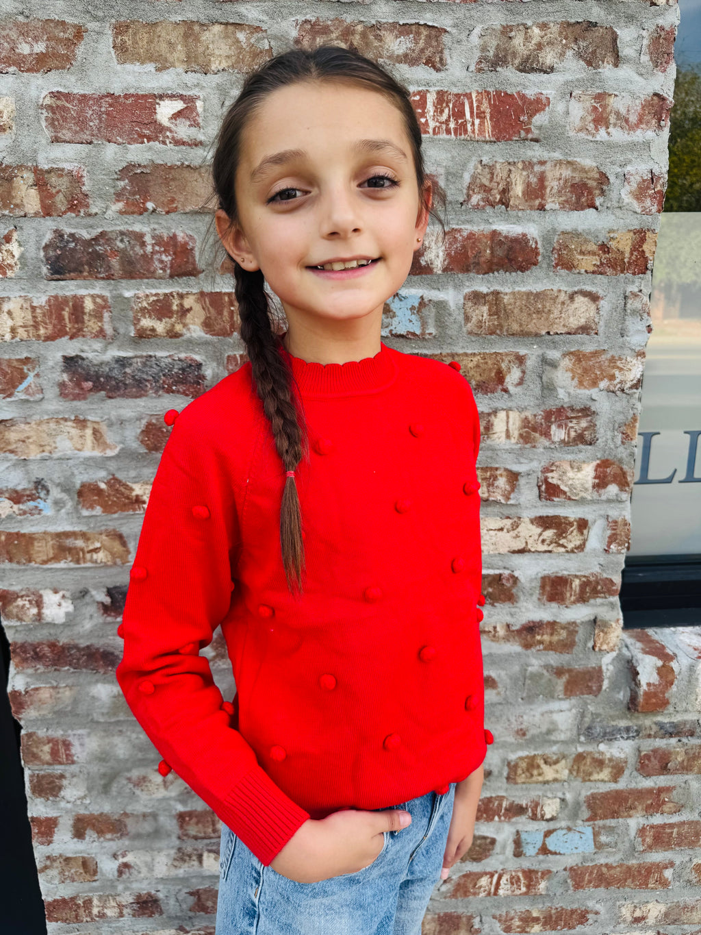 Girls Red Pom Pom Sweater