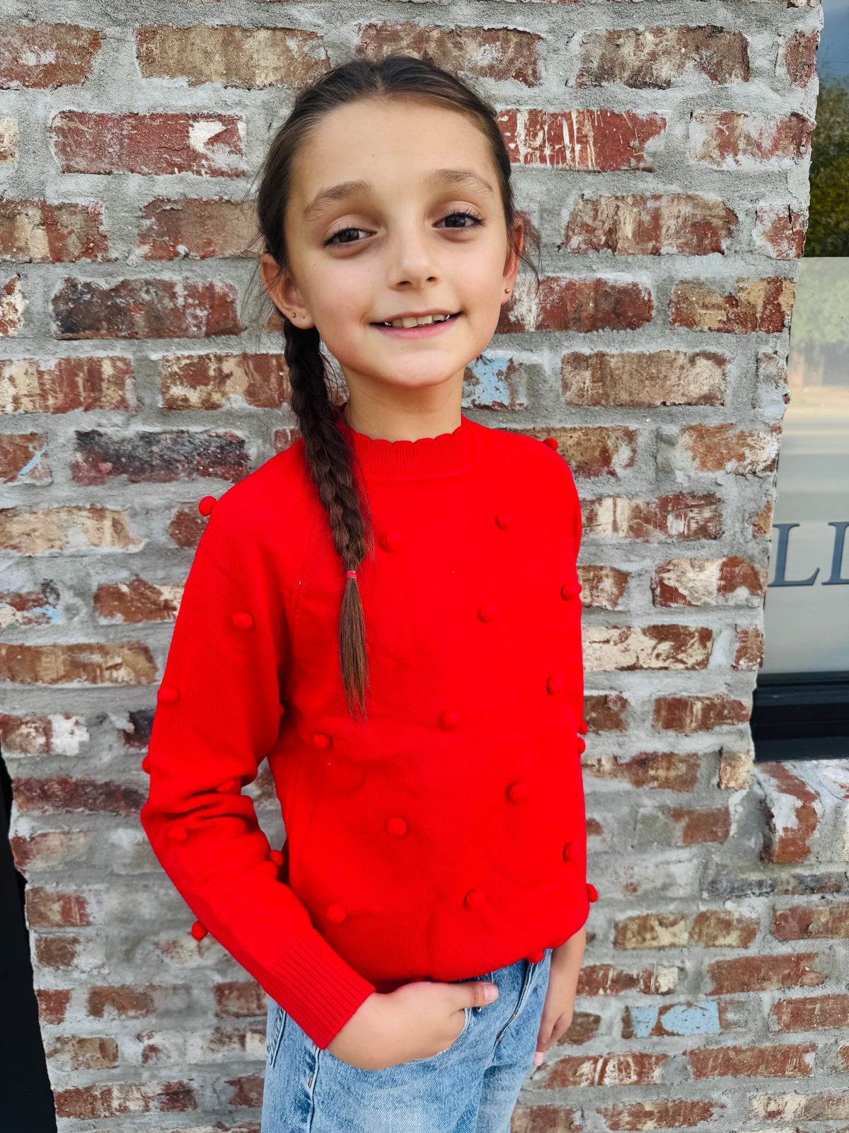 Girls Red Pom Pom Sweater