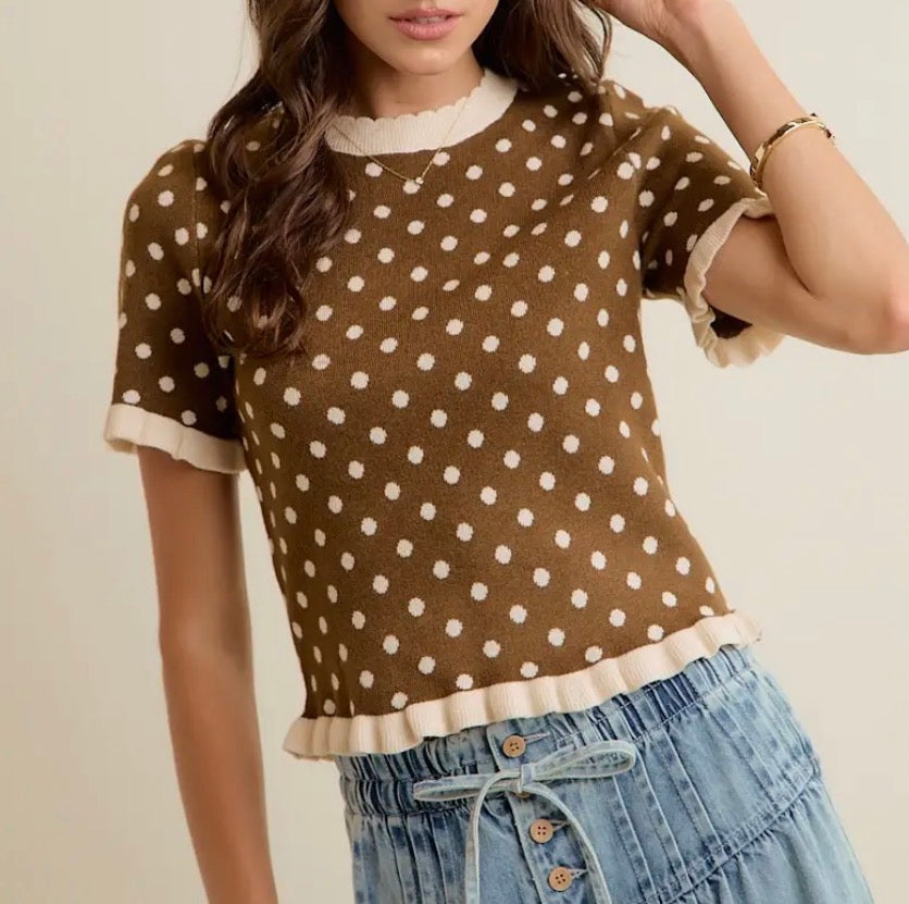 Brown Polka Dot Ruffle Sweater