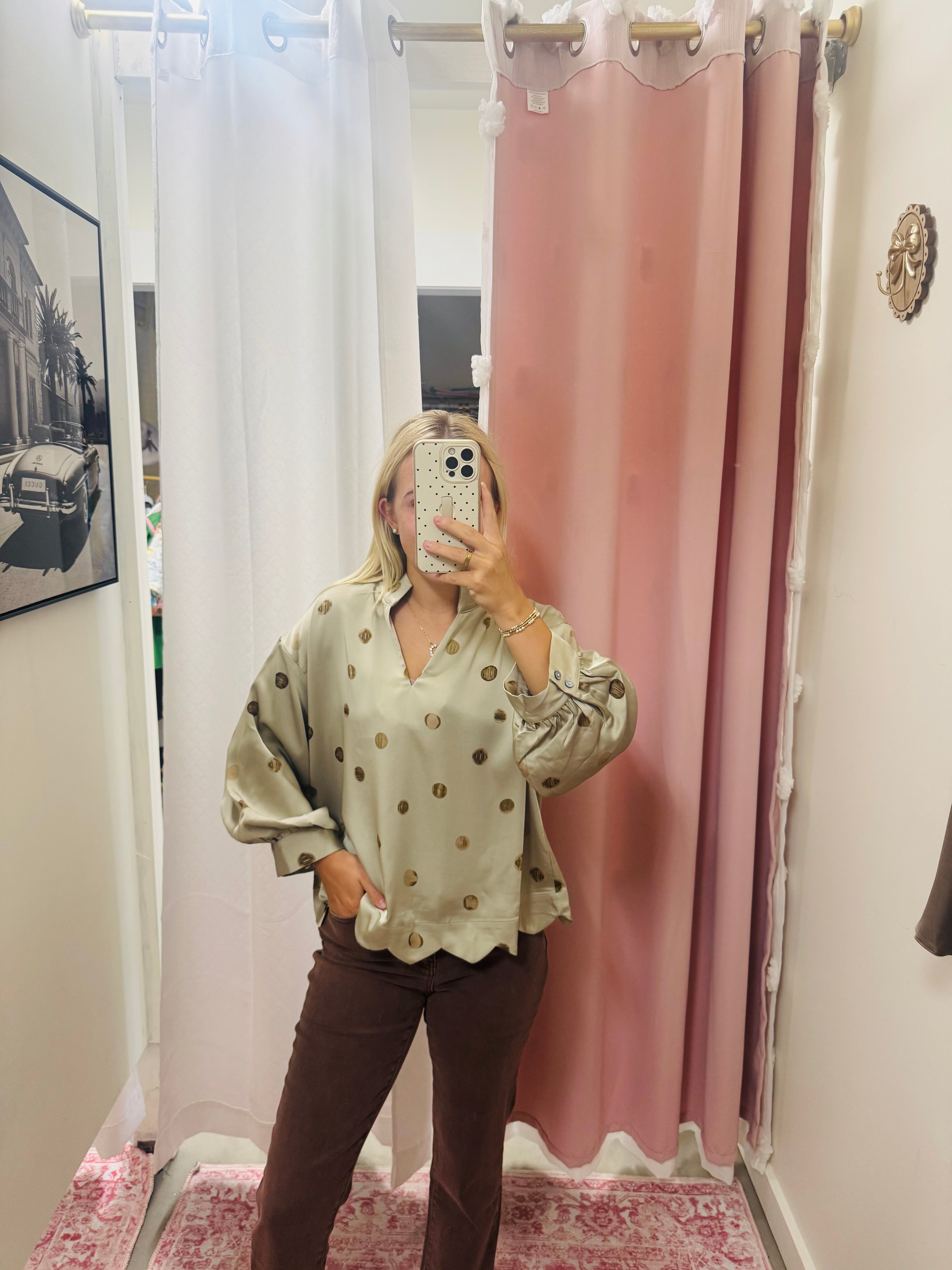 Taupe Silk Scalloped Blouse