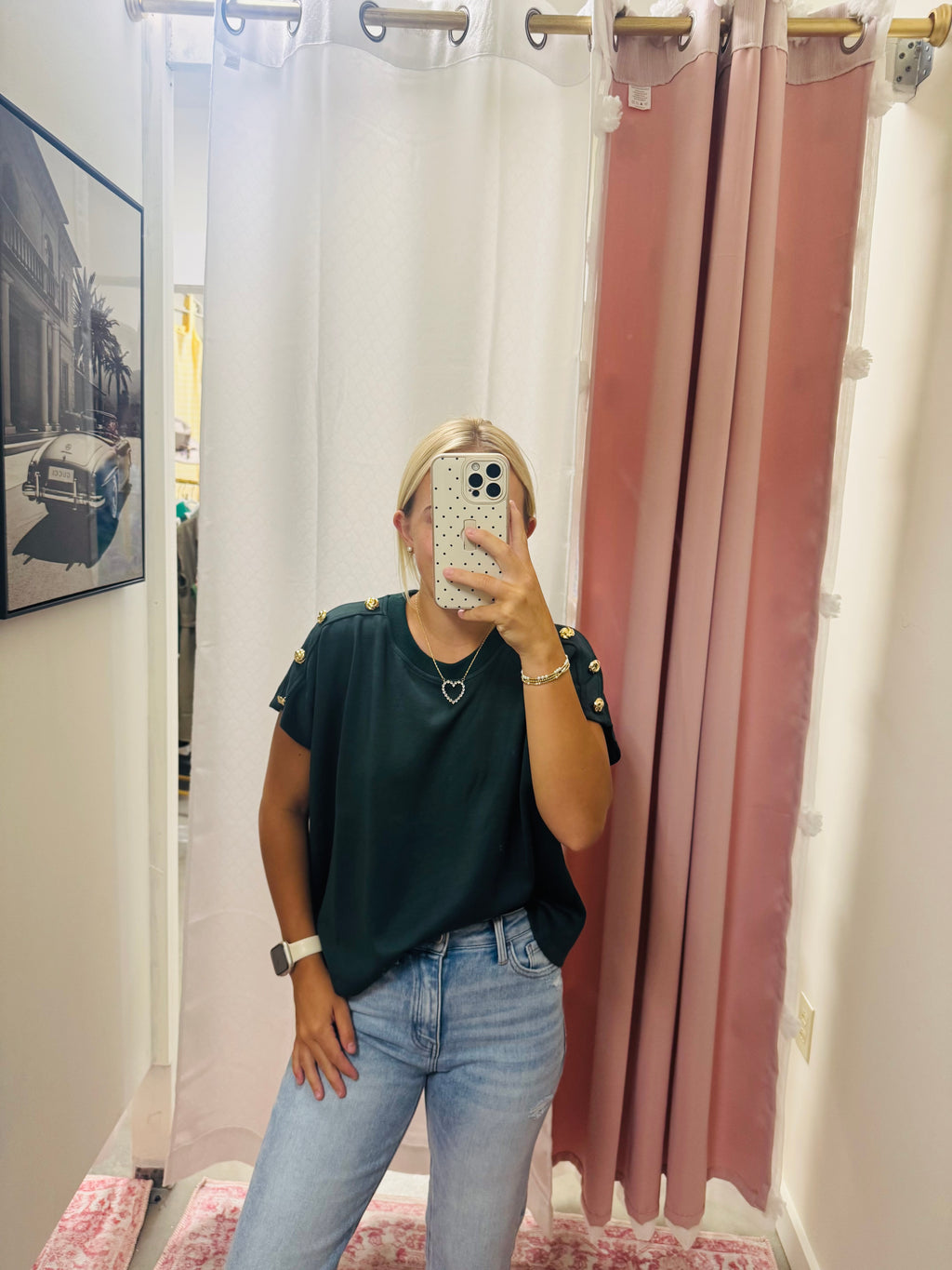 Deep Green Scuba Top with Gold Buttons