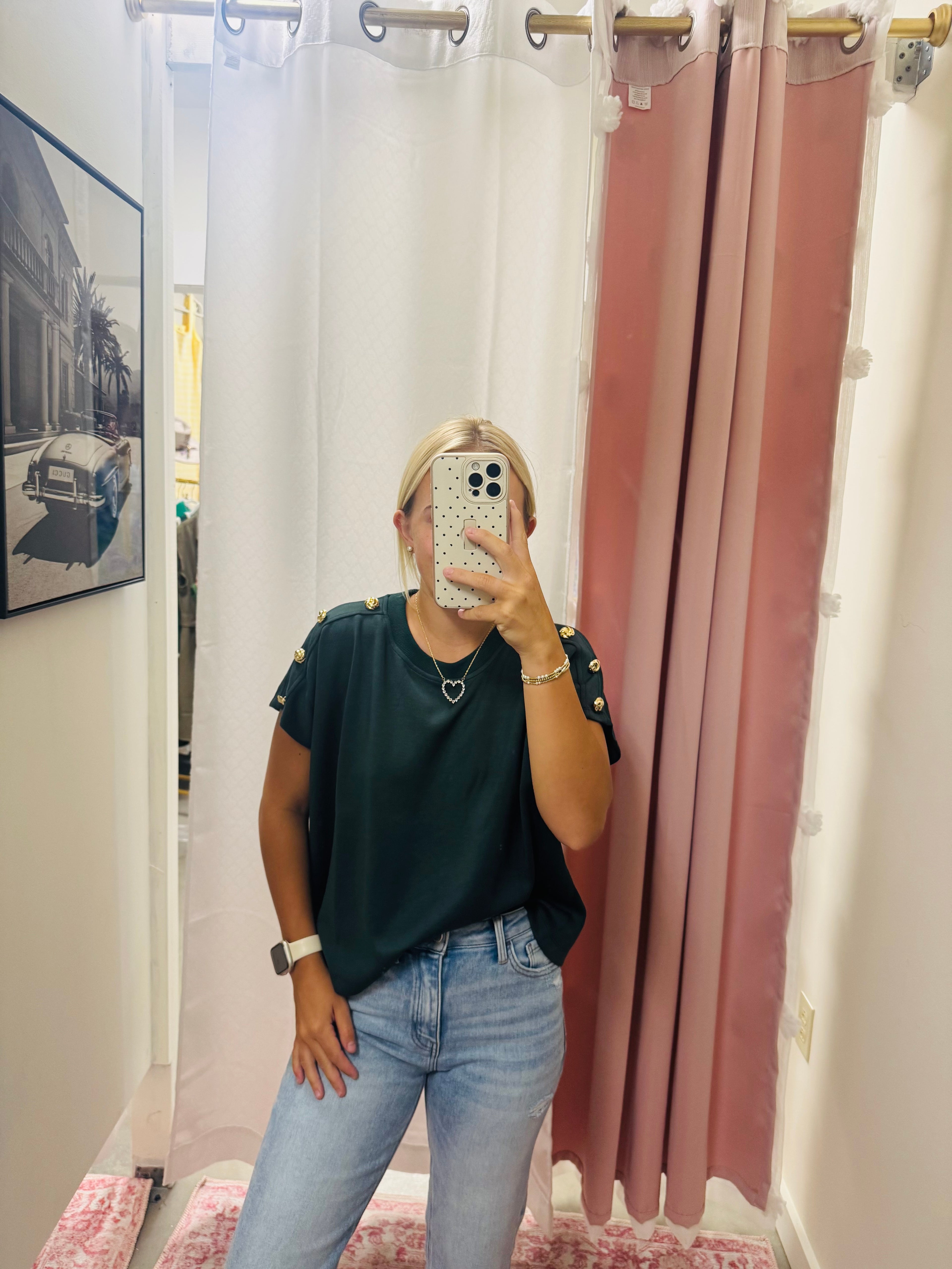 Deep Green Scuba Top with Gold Buttons