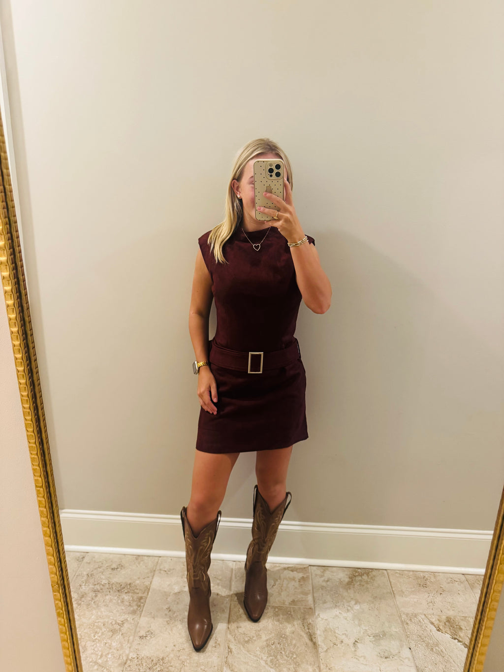 Red Cherry Belted Suede Dress