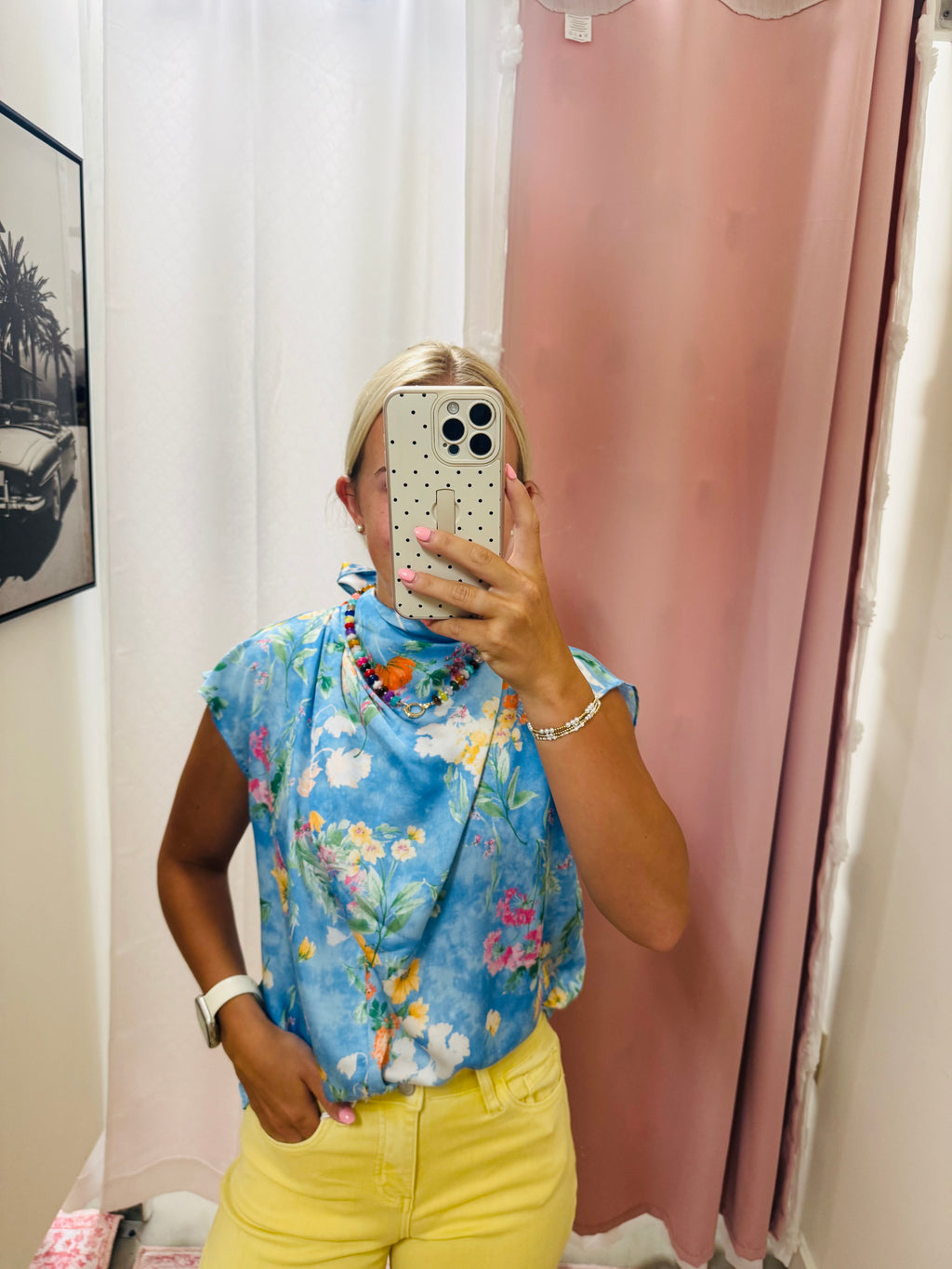 Silk Blue Open Back Floral Top