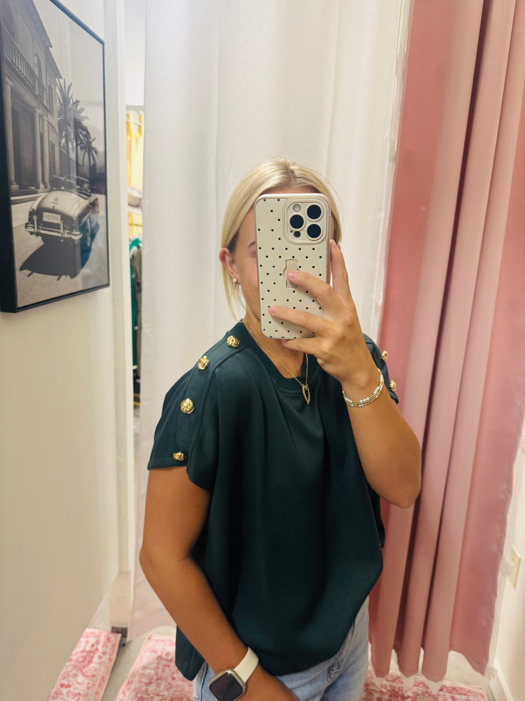 Deep Green Scuba Top with Gold Buttons