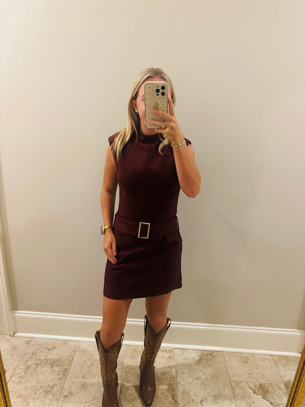 Red Cherry Belted Suede Dress