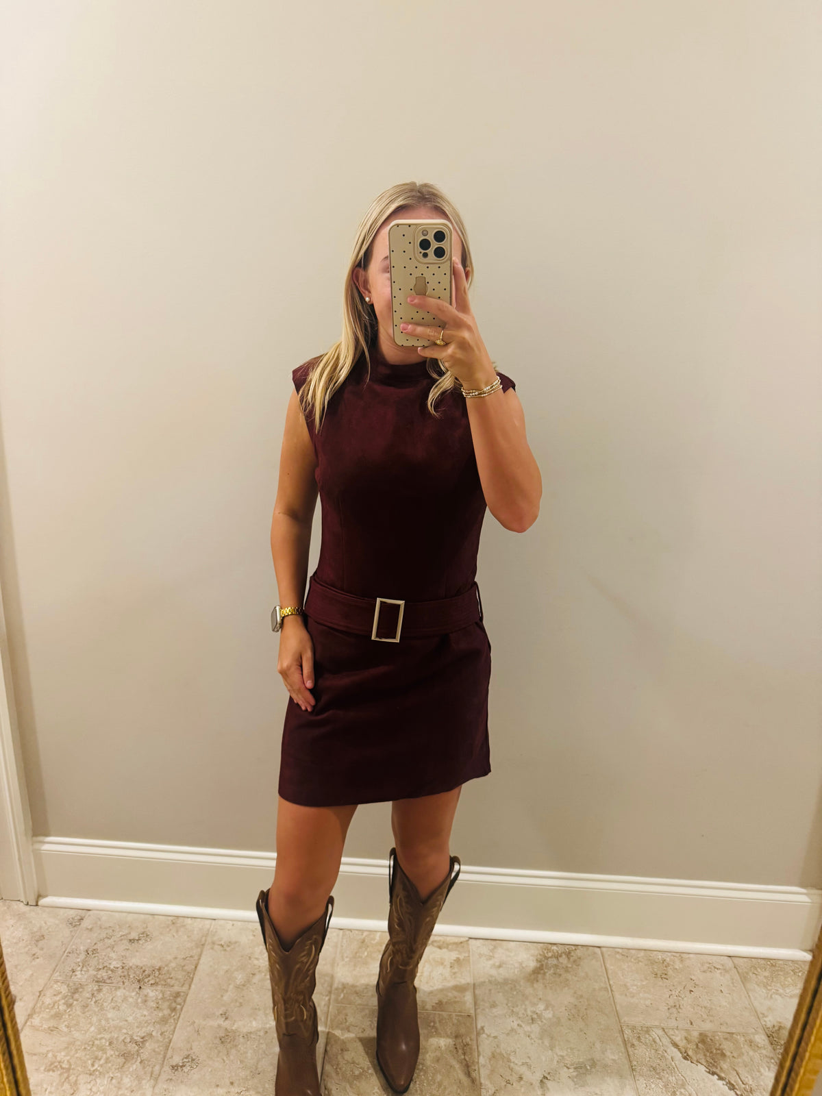 Red Cherry Belted Suede Dress