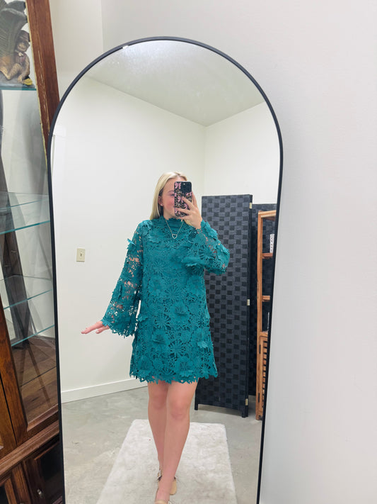 Teal Woven Lace Mini Dress