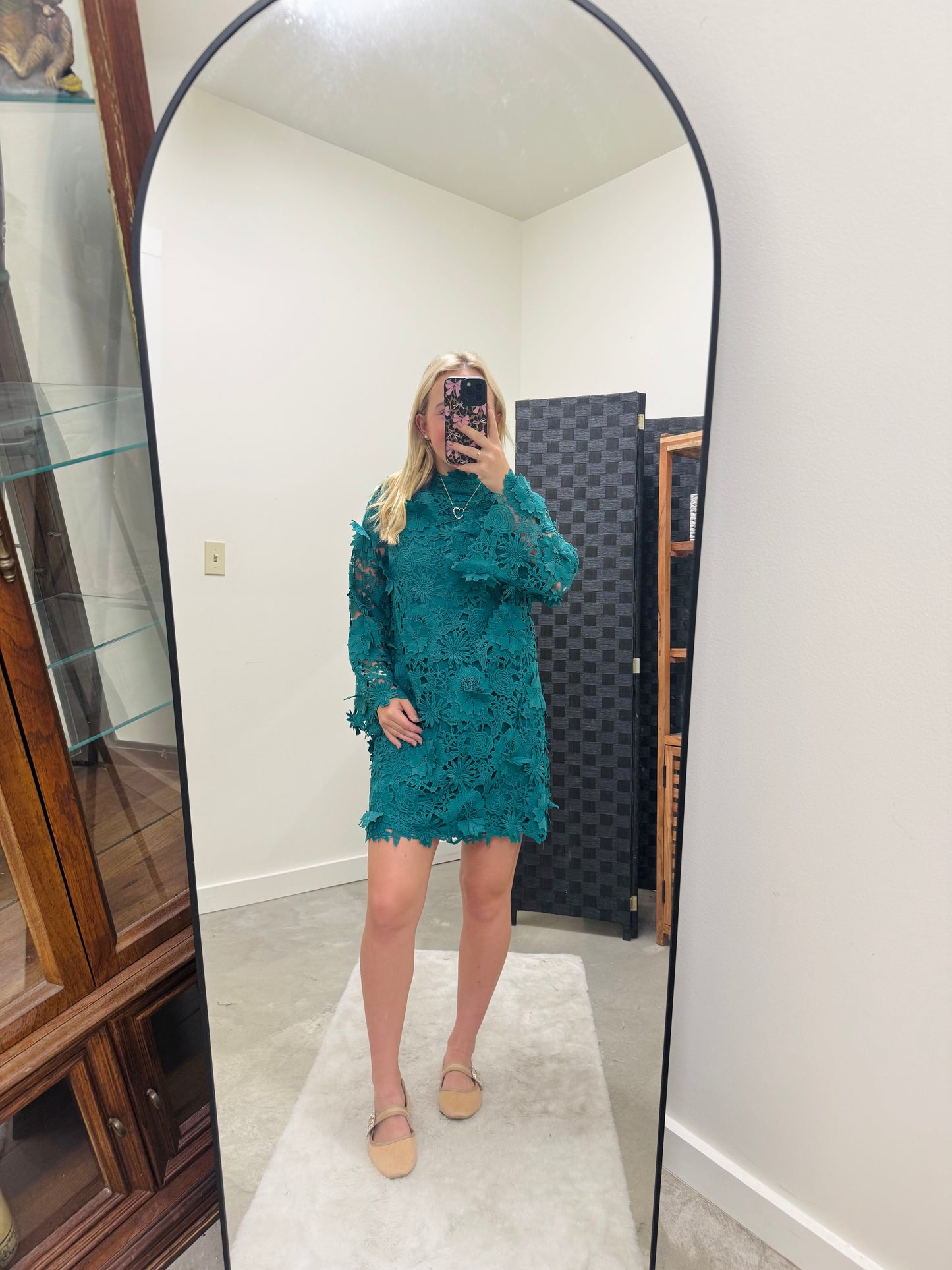 Teal Woven Lace Mini Dress