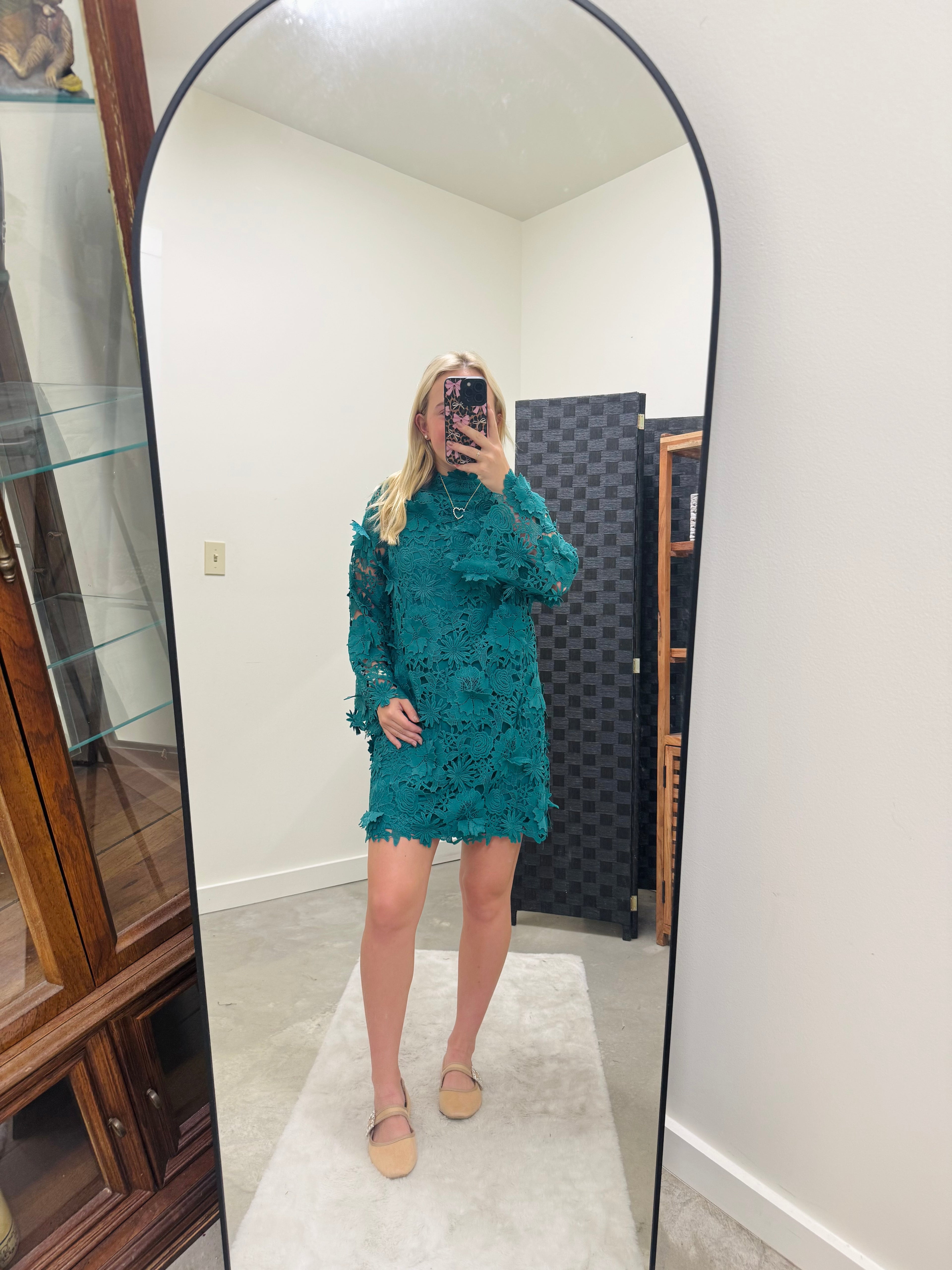 Teal Woven Lace Mini Dress