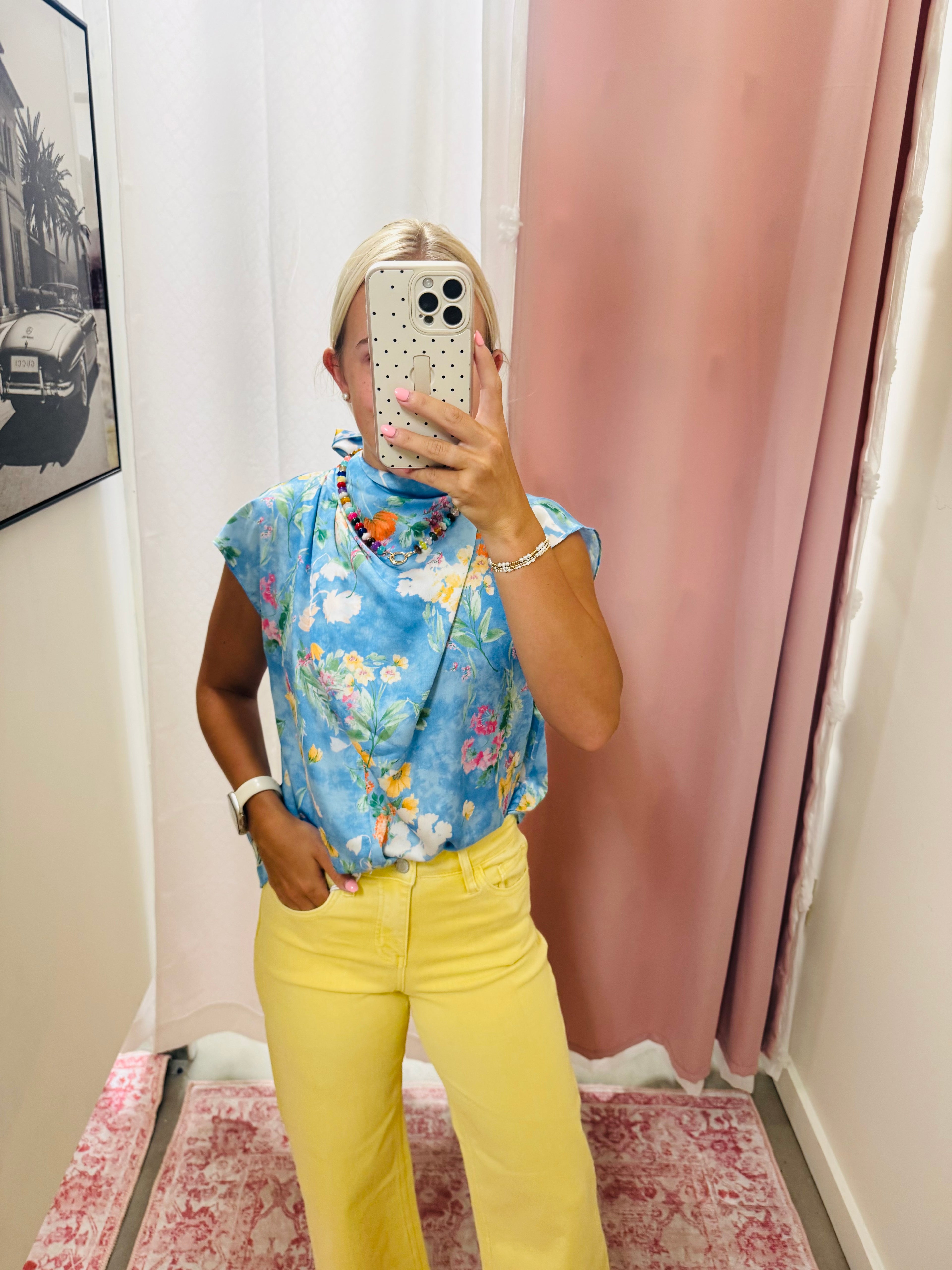 Silk Blue Open Back Floral Top